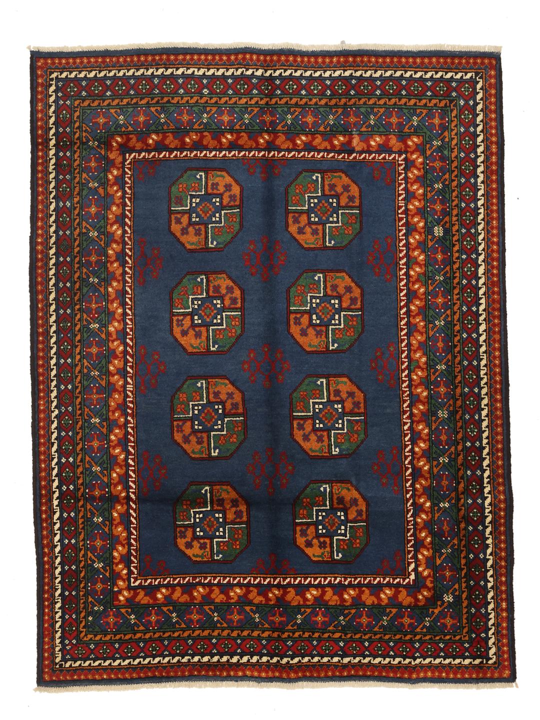 Handgeknoopt Afghan tapijt met een blauw veld en traditionele motieven