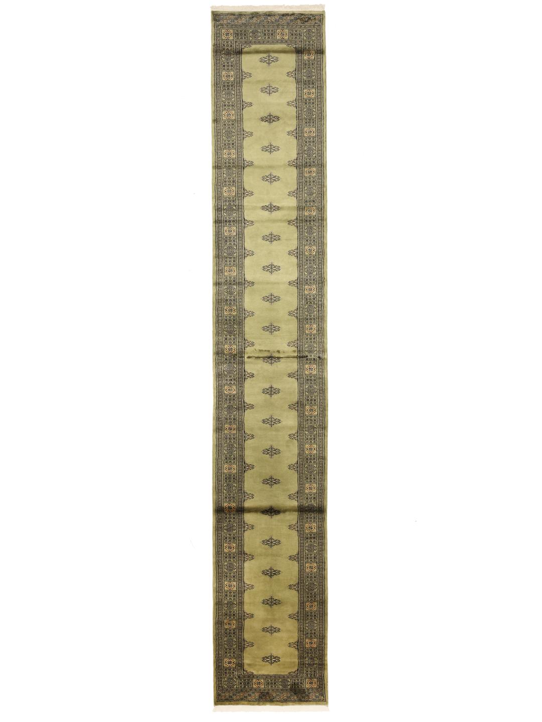 Hand-knotted Pakistan Bokhara runner in green with geometric motifs