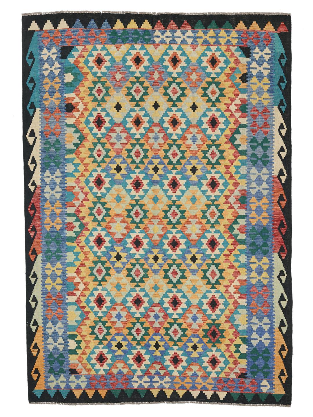 Tapis Kelim afghan tissé à la main avec un motif géométrique multicolore en losanges
