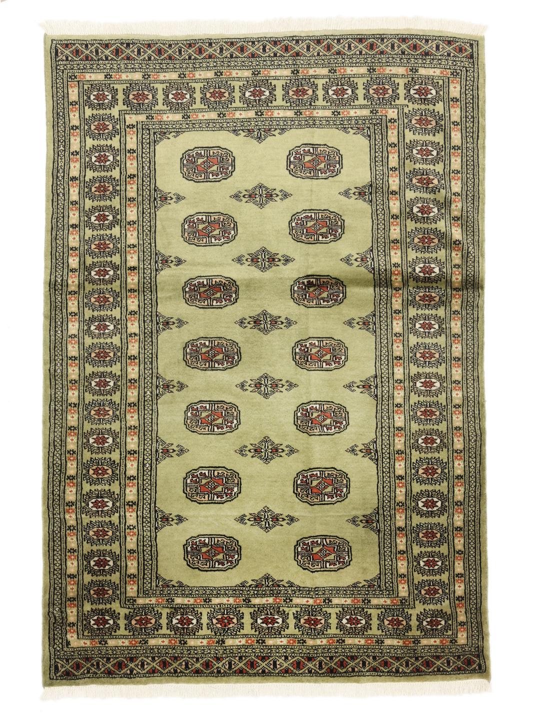 A hand-knotted Pakistan Bokhara rug with a green field and traditional motifs