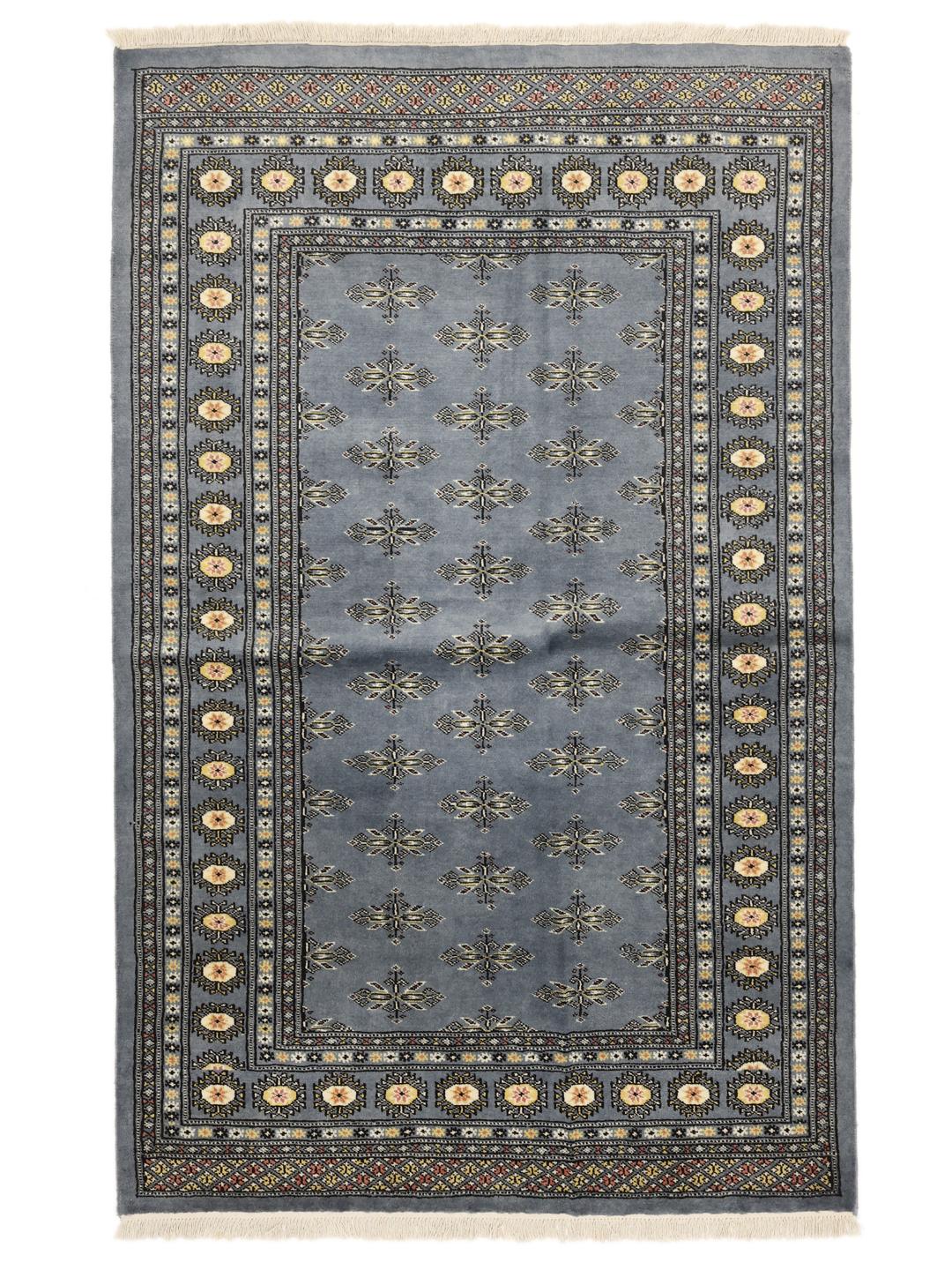 Handgeknoopt grijs Pakistan Bokhara tapijt met traditionele geometrische motieven