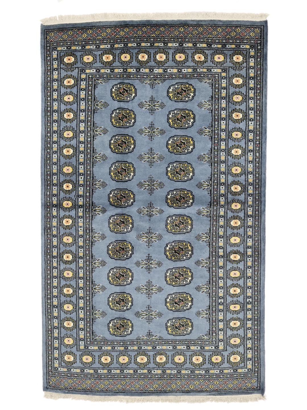 Hand-knotted Pakistan Bokhara 2ply rug in blue with traditional geometric motifs.