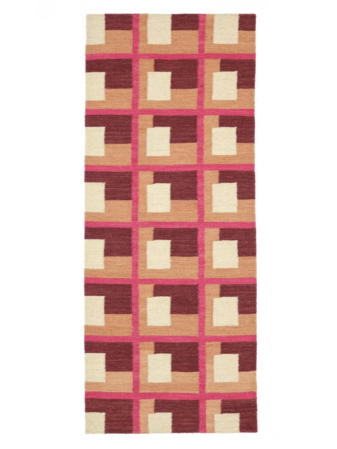 Handgeweven roze en meerkleurige wollen loper
