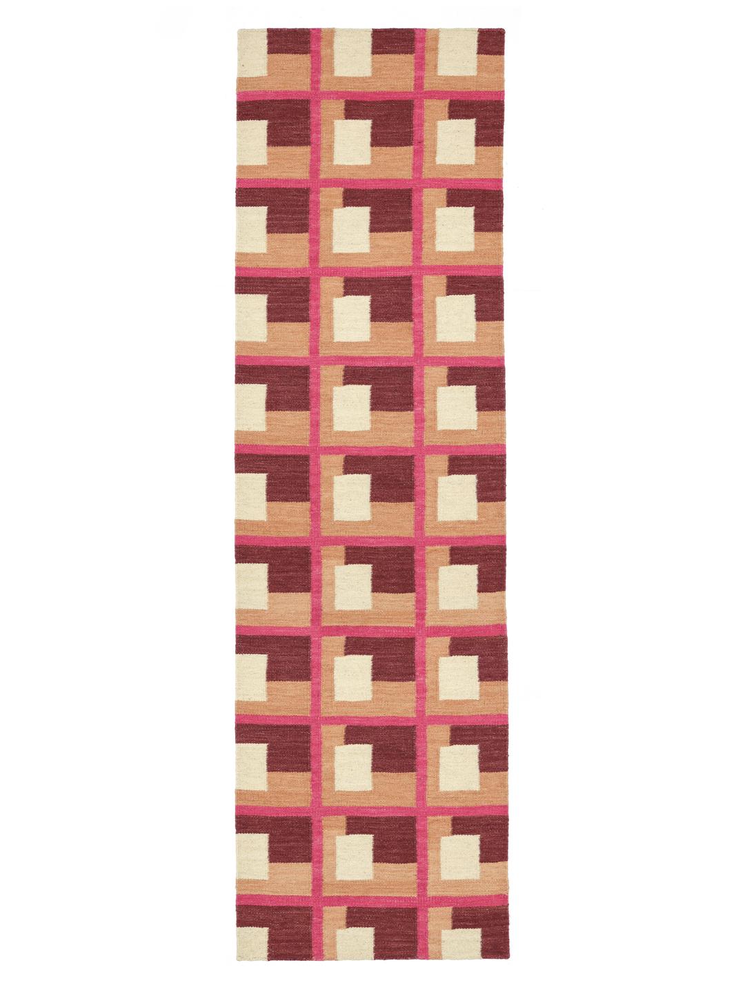 Handgeweven roze en meerkleurige wollen loper
