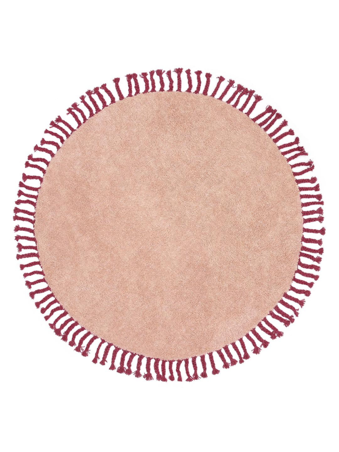 Roze rond tapijt met donkerrode franjes