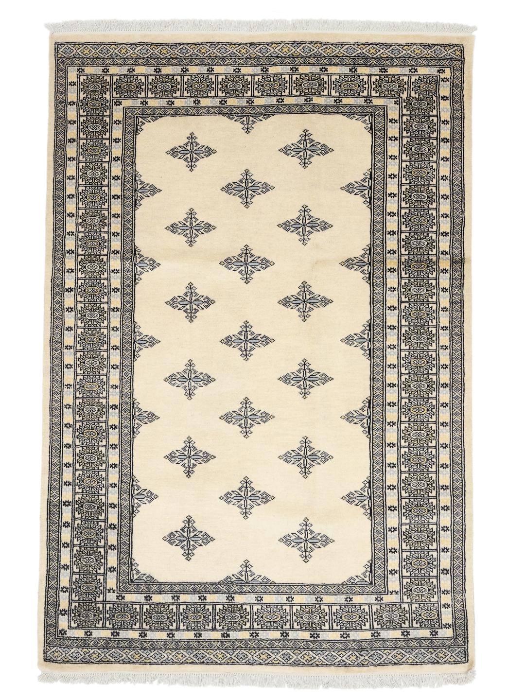 Hand-knotted Pakistani rug with beige field and geometric patterns