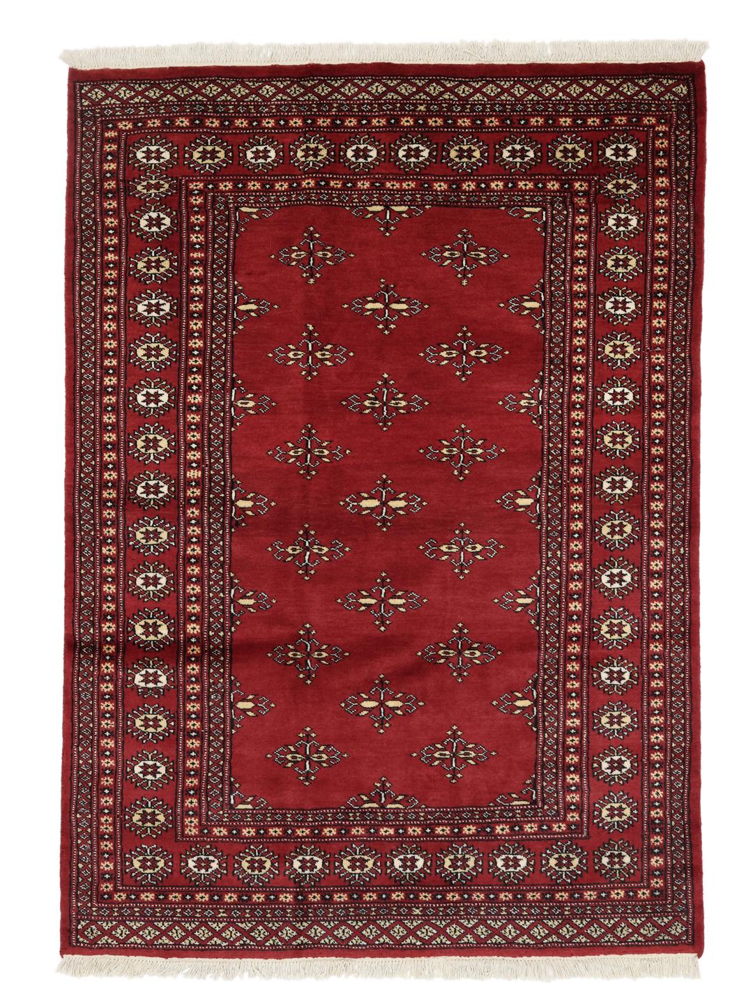 Handgeknoopt donkerrood Bokhara tapijt uit Pakistan met geometrische motieven