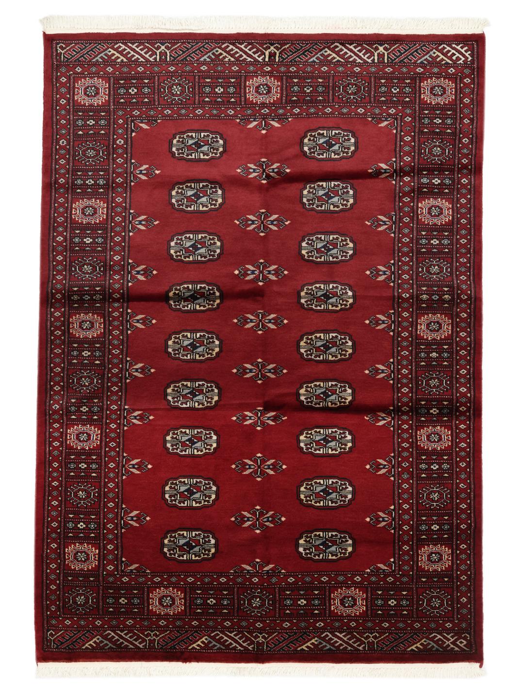 Hand-knotted Pakistani Bokhara rug in dark-red with traditional repeating motifs