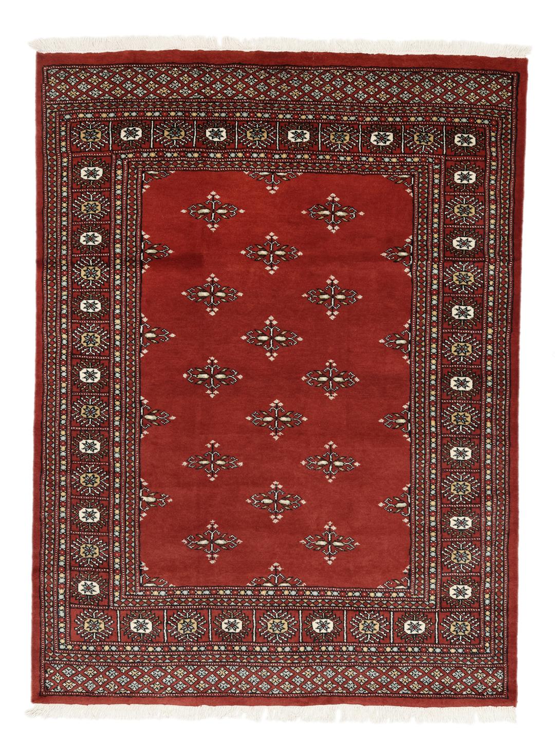 Hand-knotted Pakistani rug with a deep red field and repeating motifs