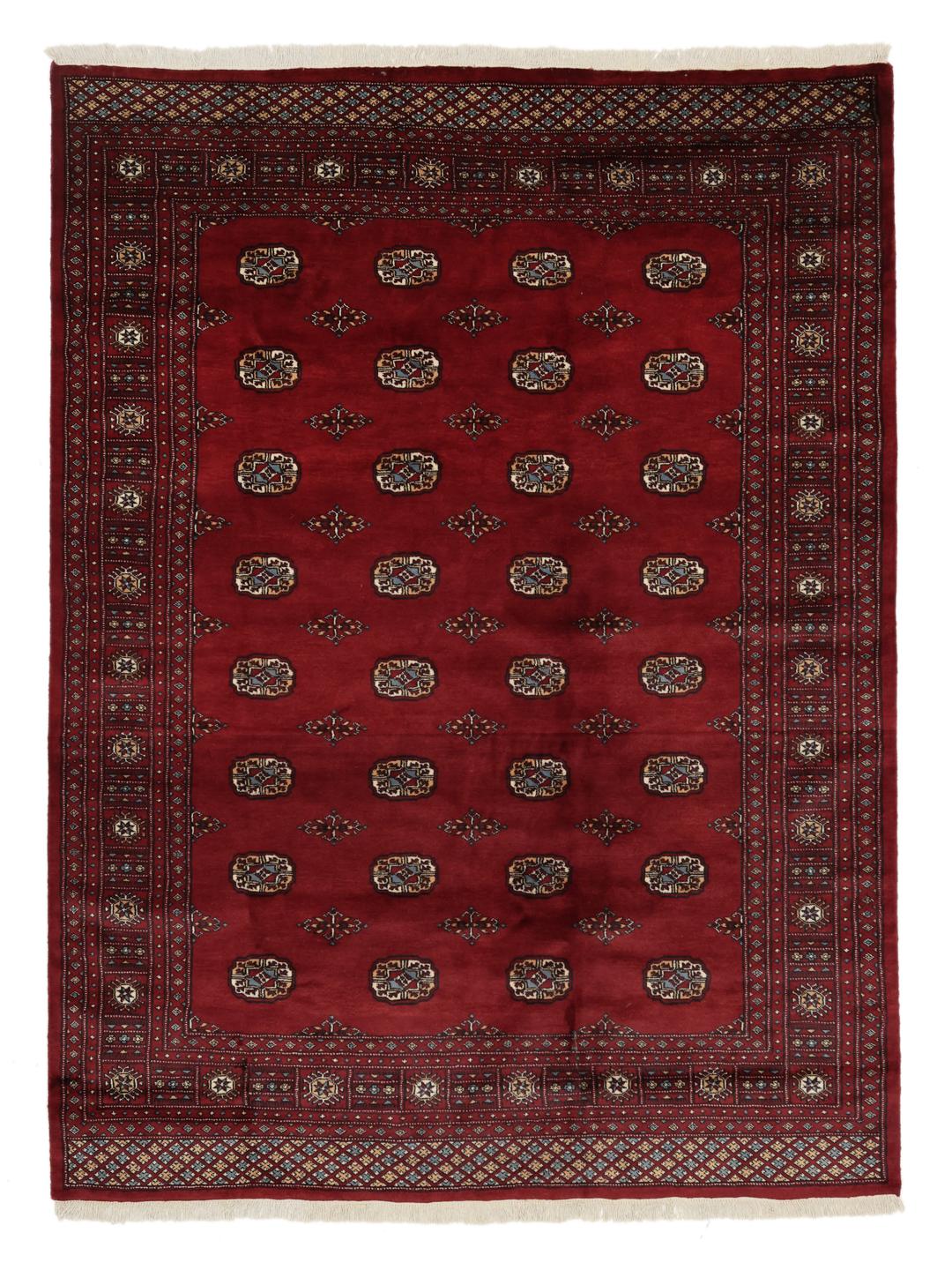 Hand-knotted Pakistani Bokhara rug in a deep red tone with traditional geometric patterns