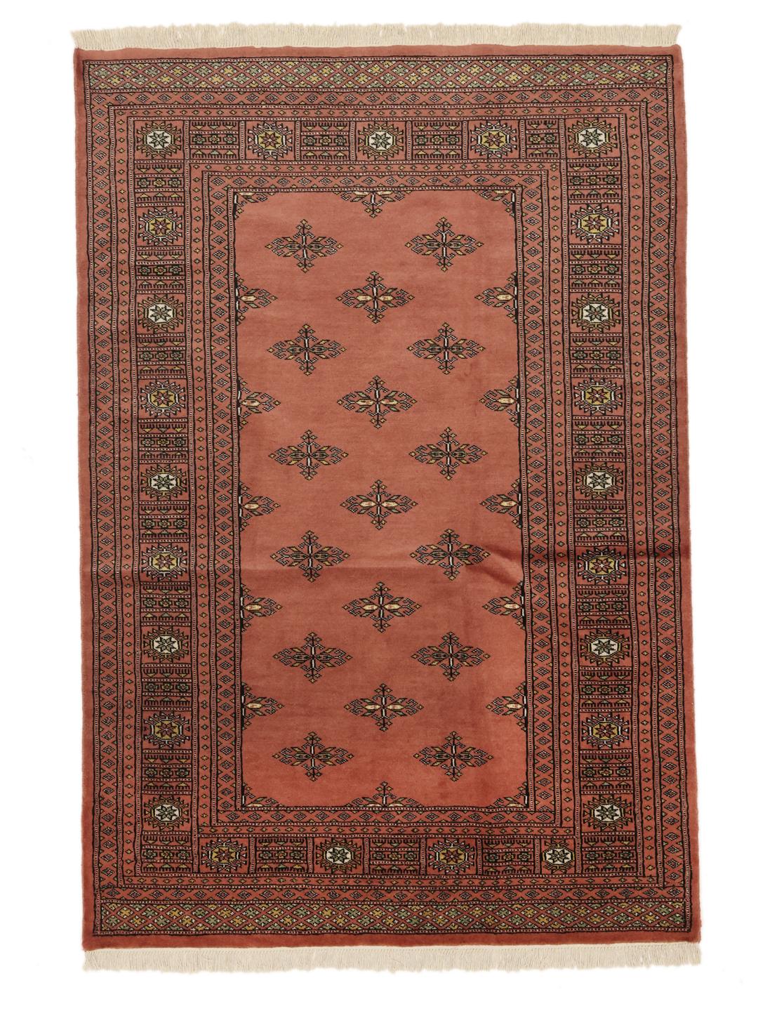 Hand-knotted Pakistani Bokhara rug in dark-red with geometric medallions