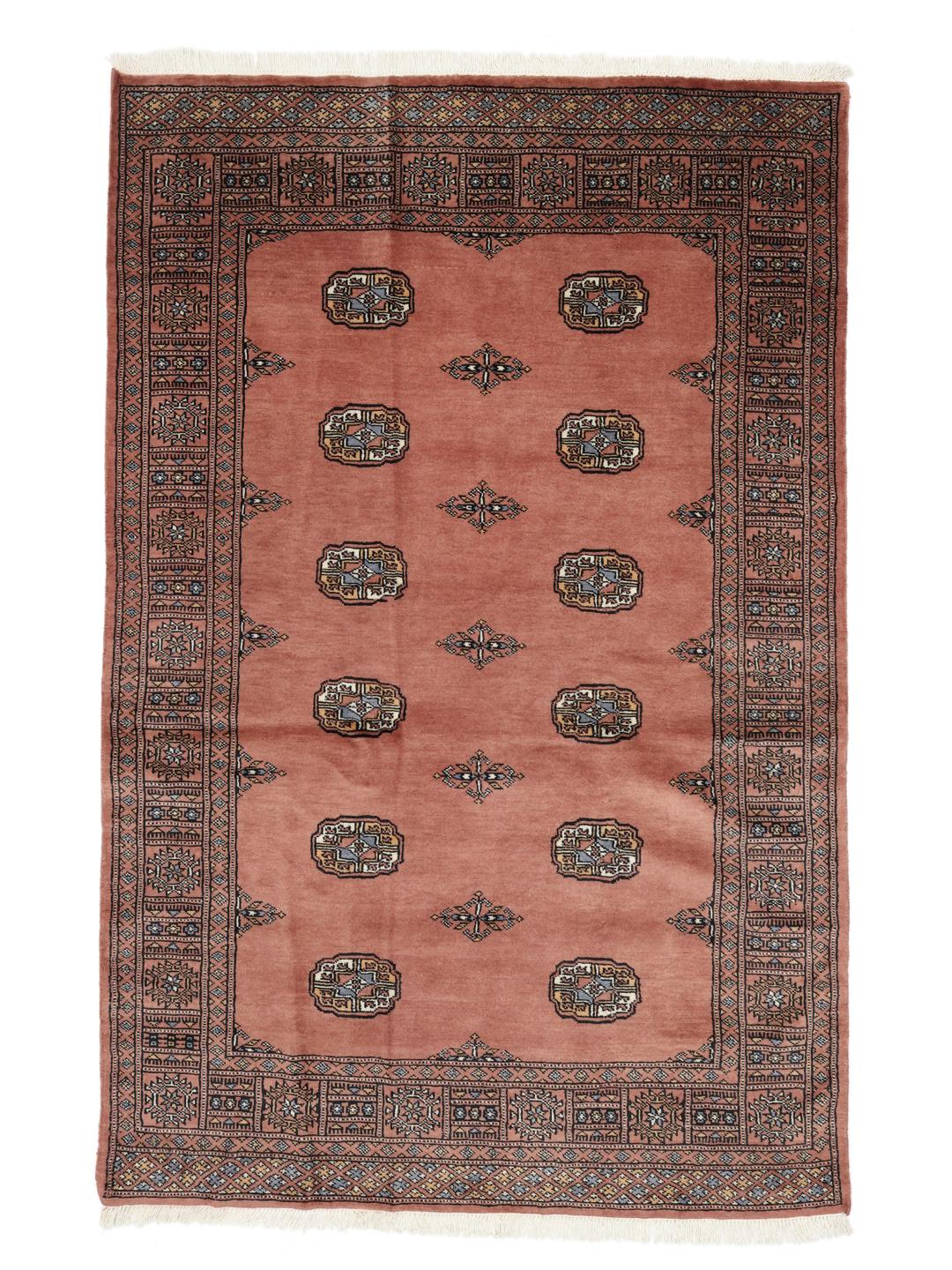 Hand-knotted dark-red Bokhara rug from Pakistan with traditional motifs