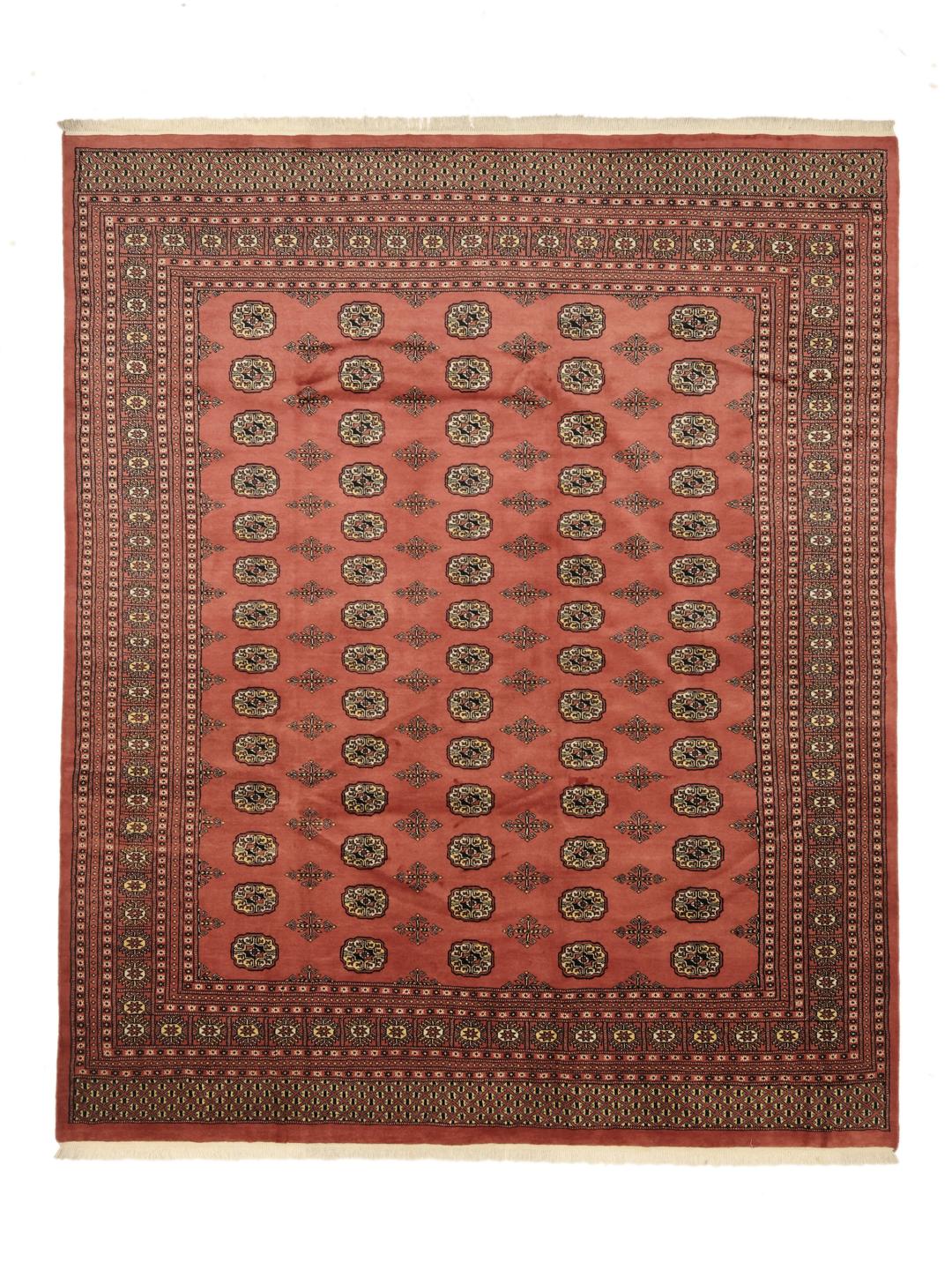 Hand-knotted Pakistan rug with red field and traditional gul motifs