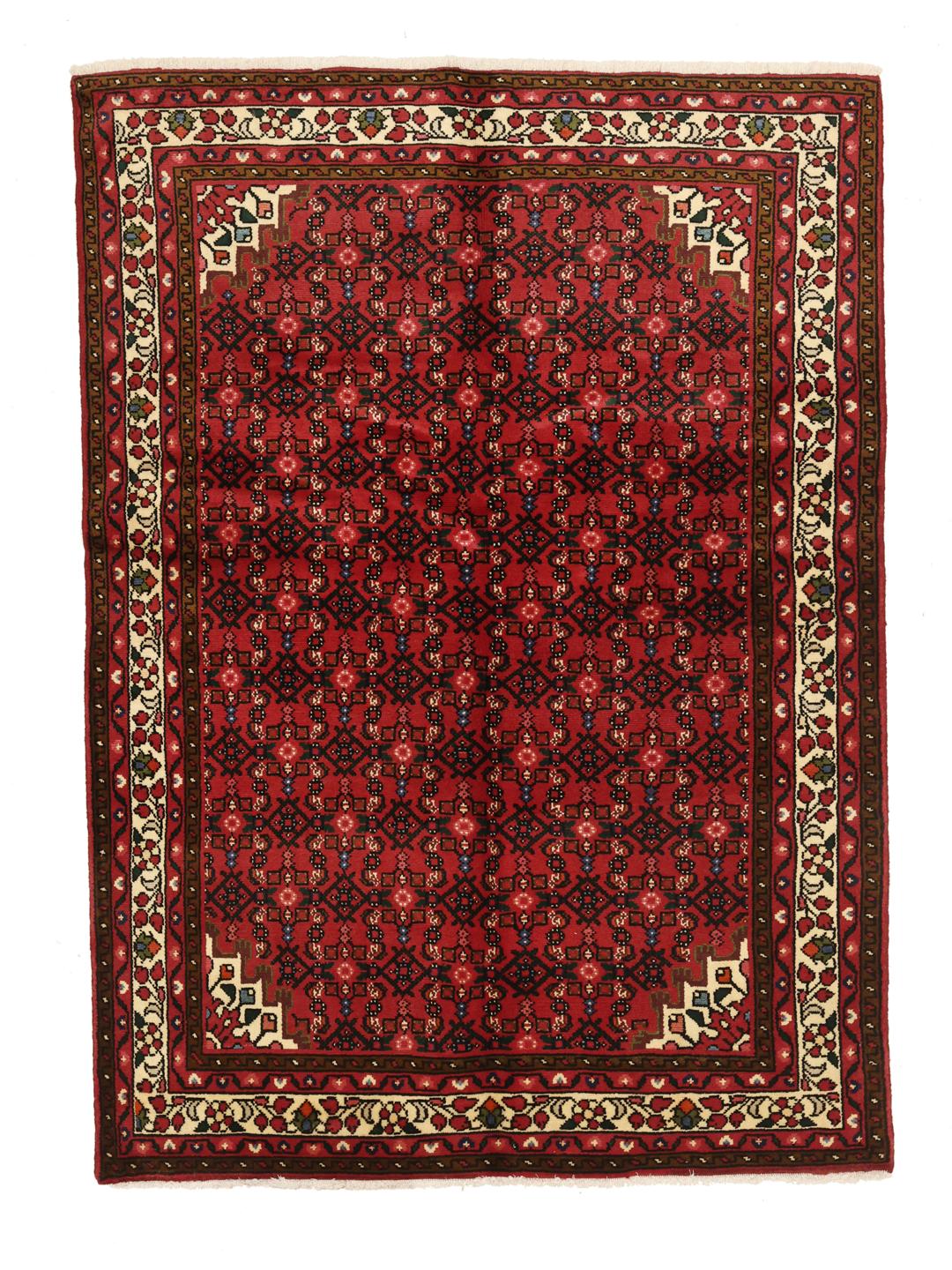 Hand-knotted Hosseinabad rug with a rich red field and traditional Middle Eastern motifs.