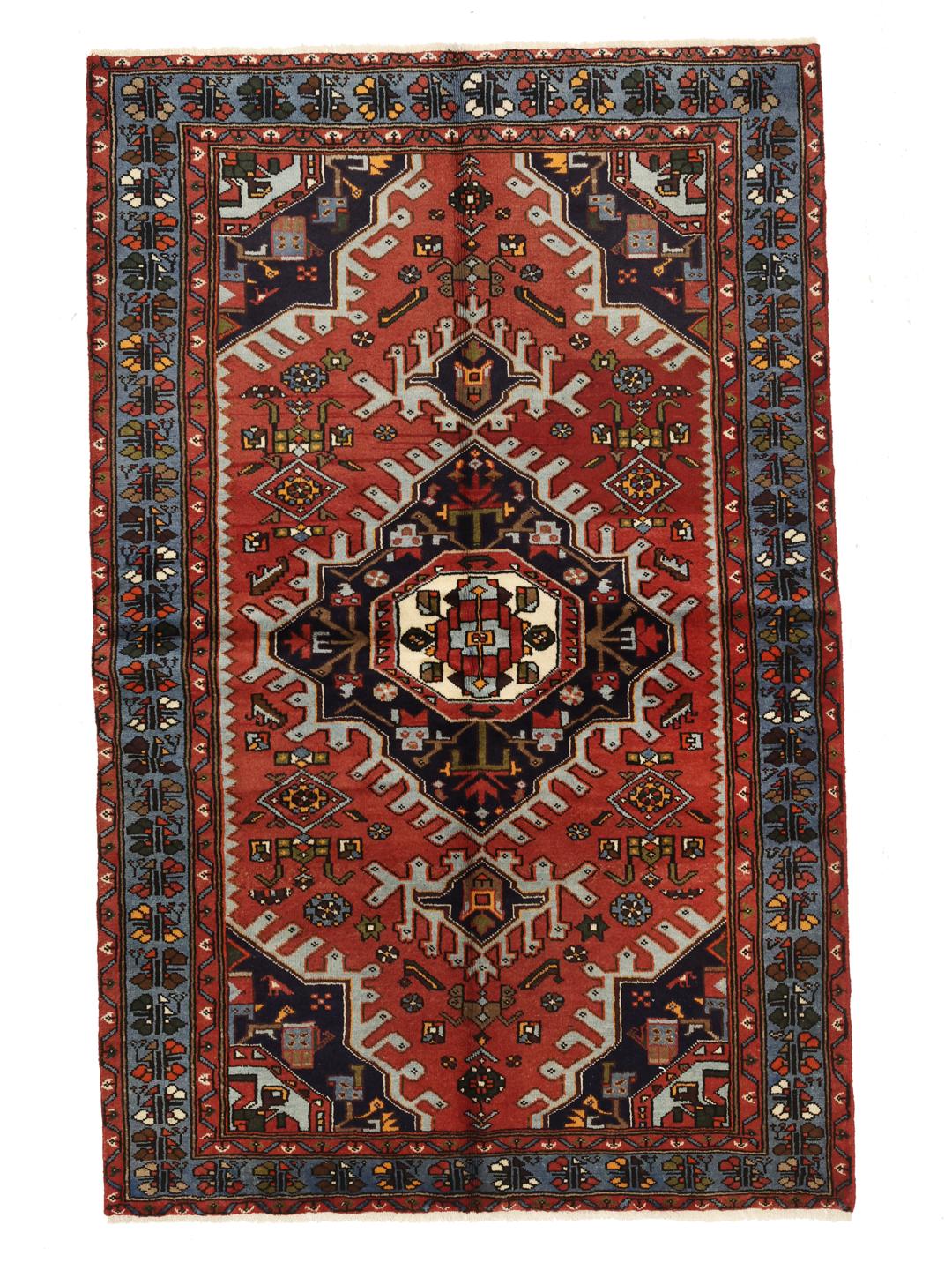 Hand-knotted Hamadan rug with a red and blue medallion design from the Middle East