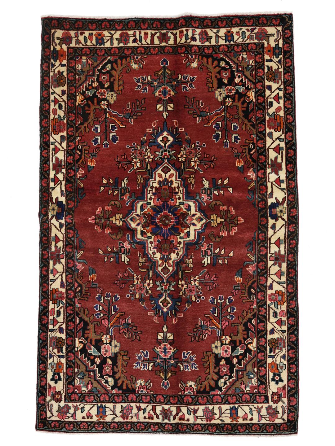 Hand-knotted Hamadan rug from the Middle East in red with a central medallion