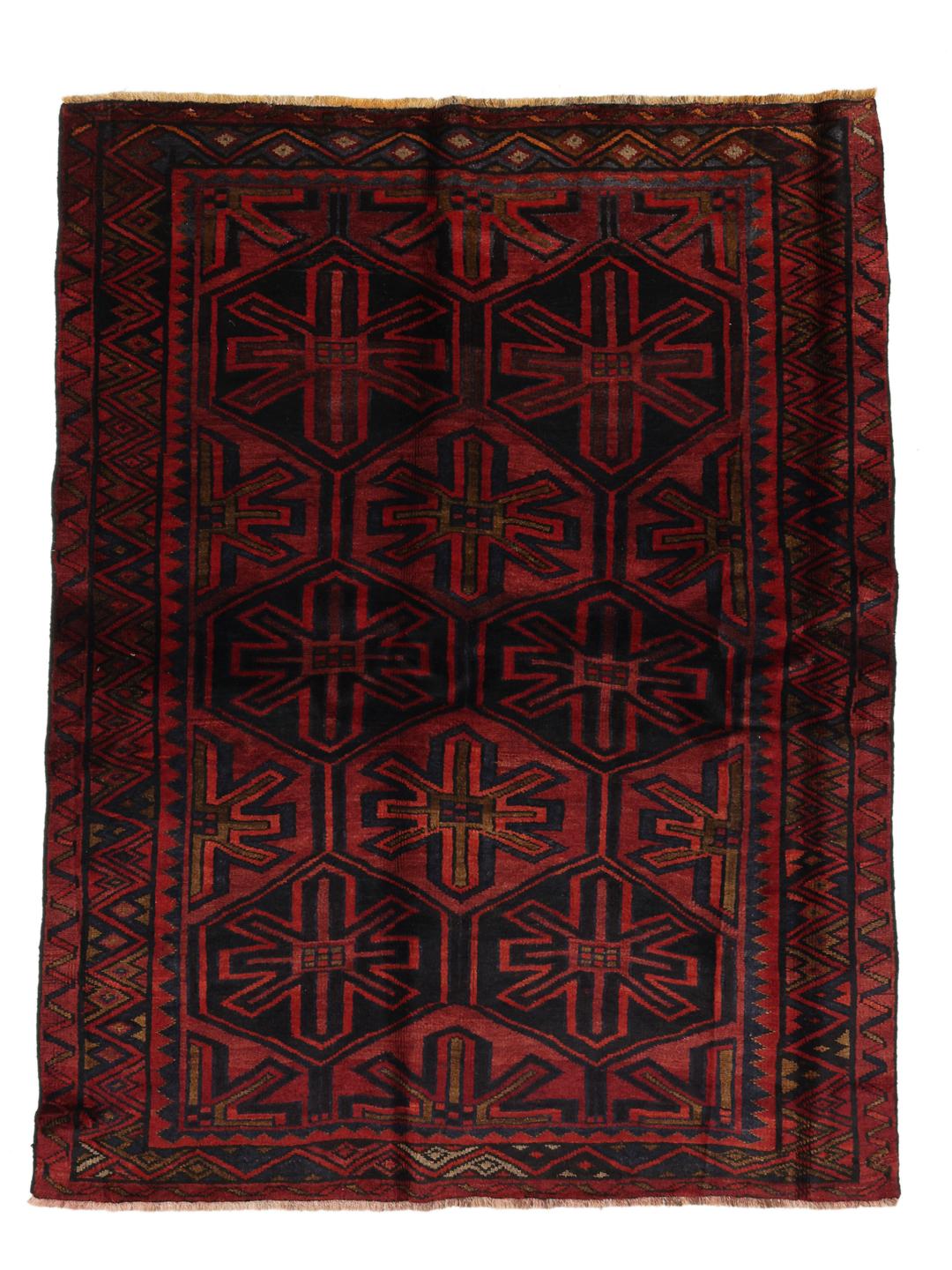 A hand-knotted Lori rug from the Middle East in dark-red and black tones with geometric patterns.