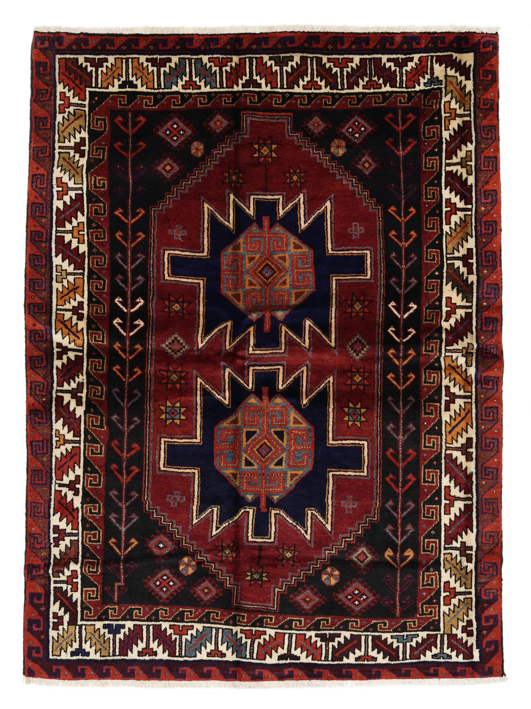 Hand-knotted Lori rug from the Middle East featuring a dark-red and dark-blue geometric pattern