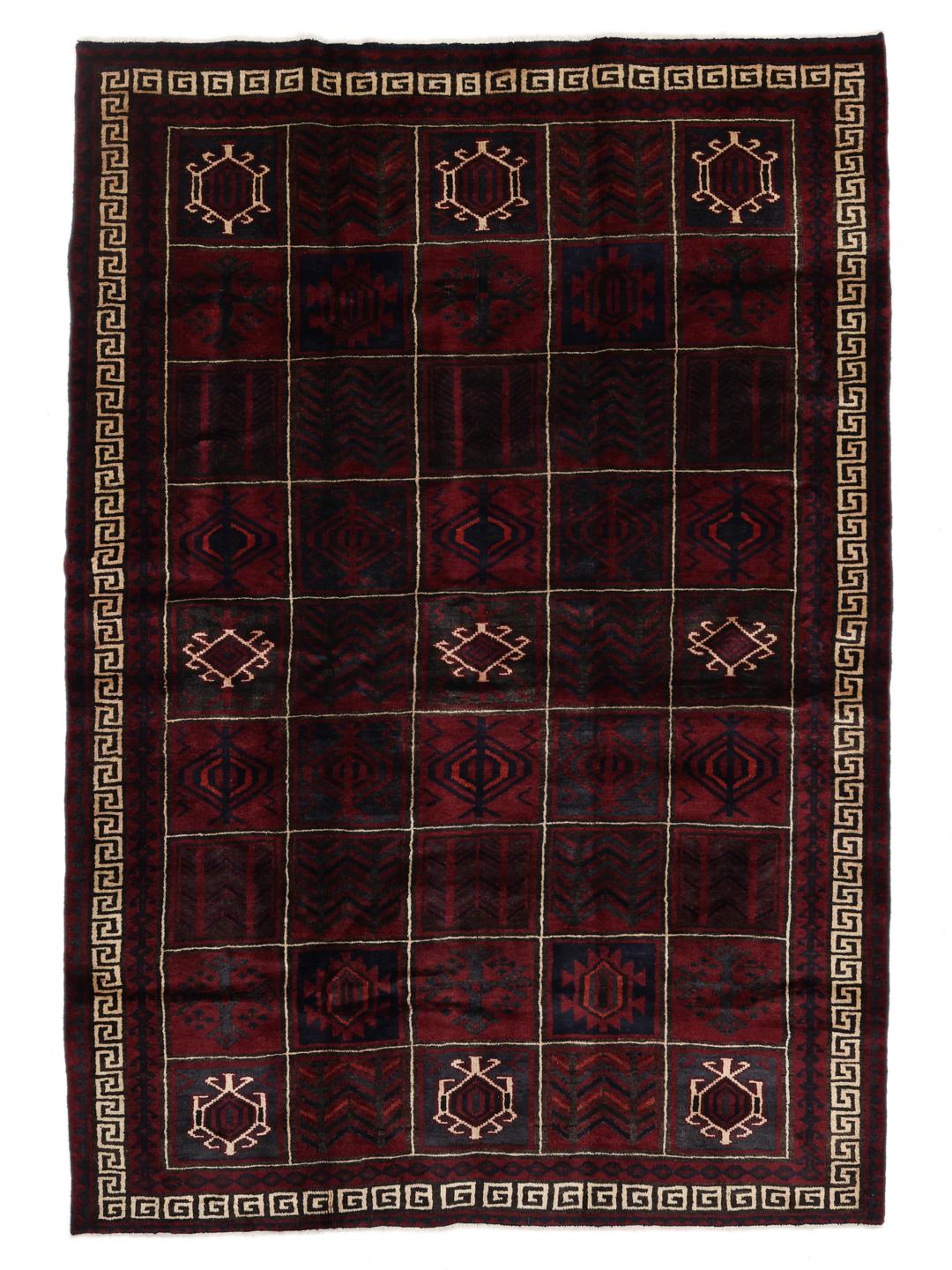 Hand-knotted Lori rug from the Middle East in dark-red and black with geometric patterns