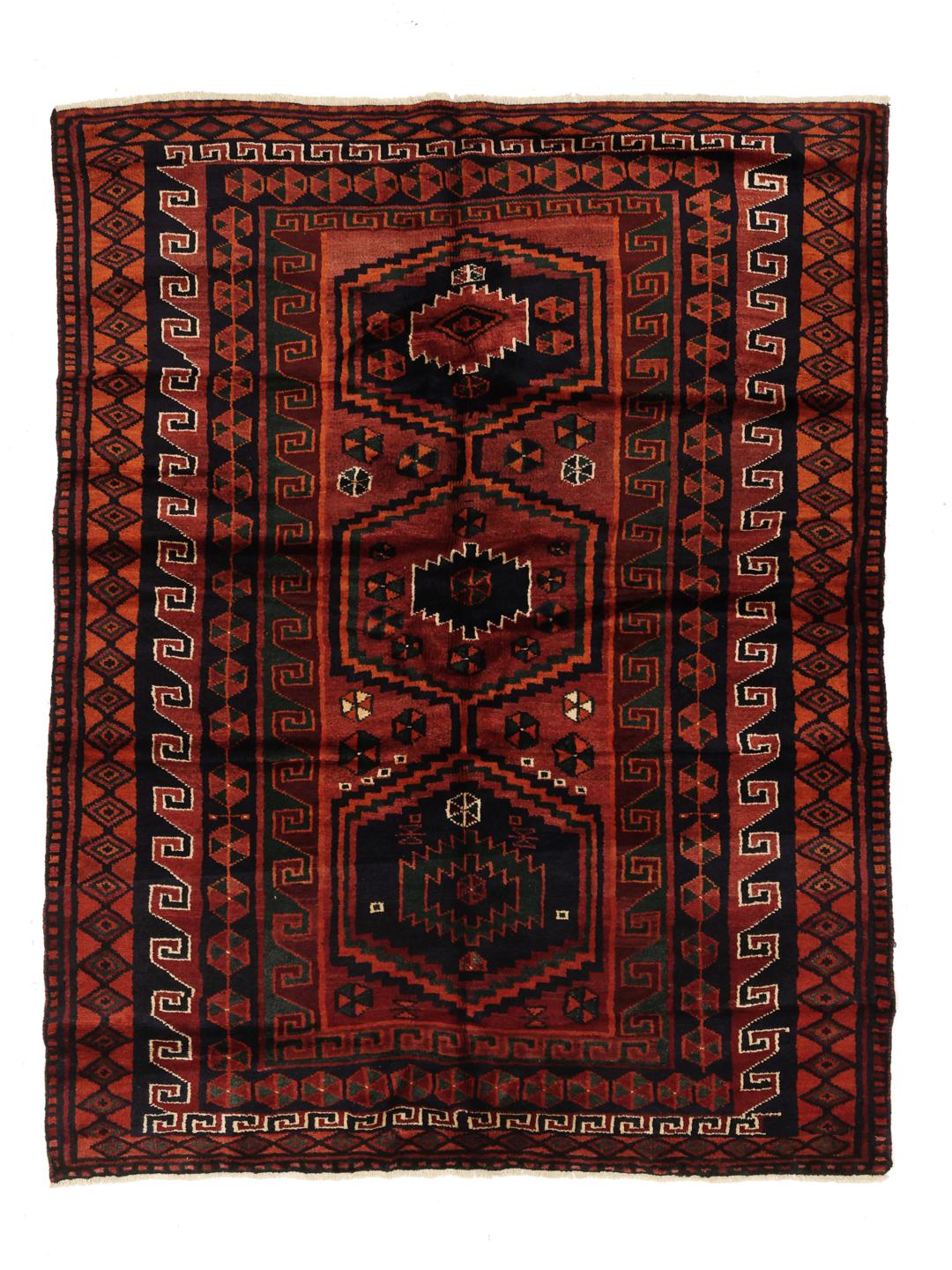 A hand-knotted Lori rug from the Middle East featuring geometric patterns in dark red and black.