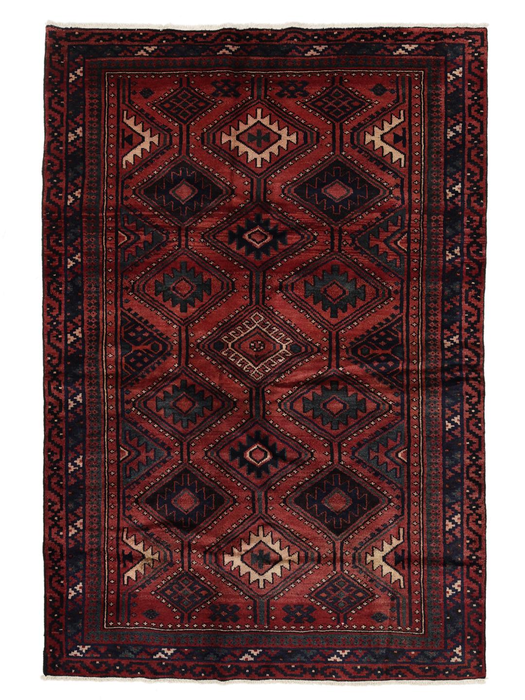 Hand-knotted Lori rug from the Middle East in deep red and blue tones