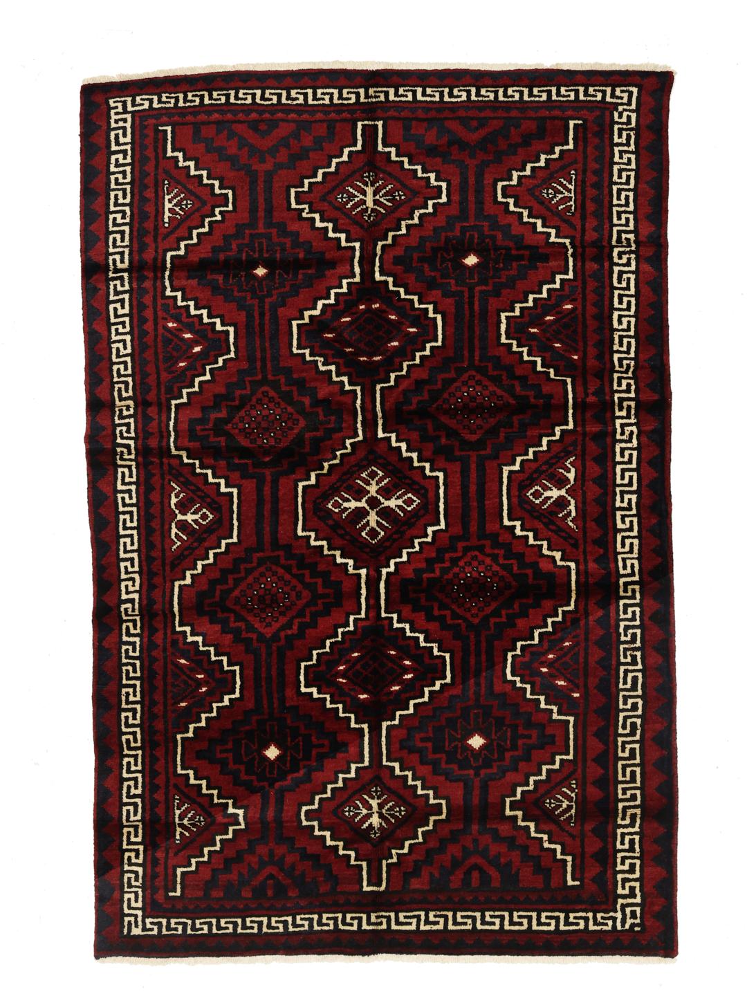 A hand-knotted Lori rug from the Middle East with a deep red and geometric pattern.