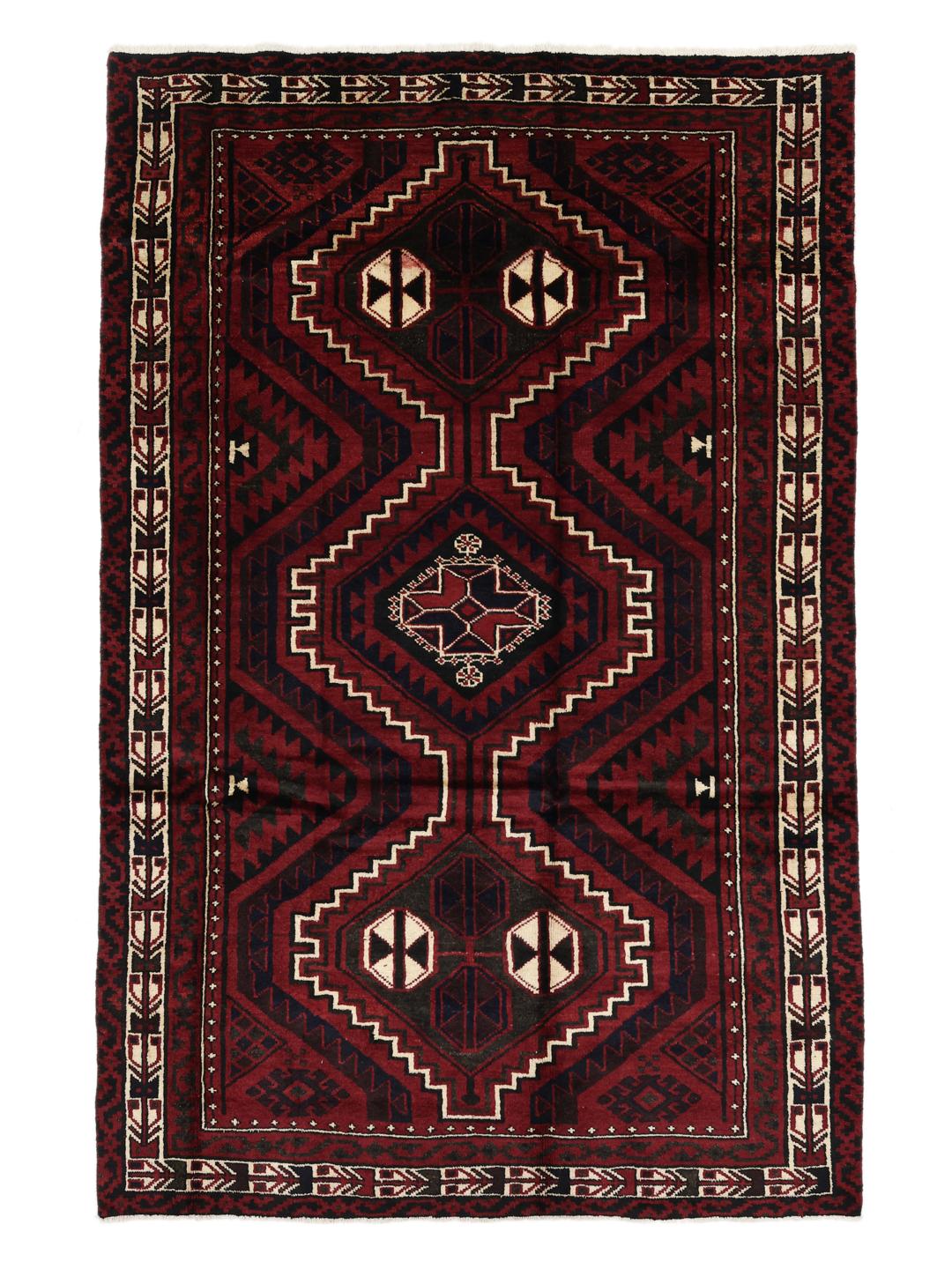 Hand-knotted Lori rug from the Middle East in dark-red tones