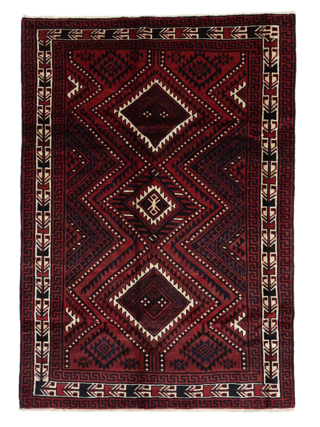Hand-knotted Lori rug from the Middle East with a deep red and geometric tribal pattern