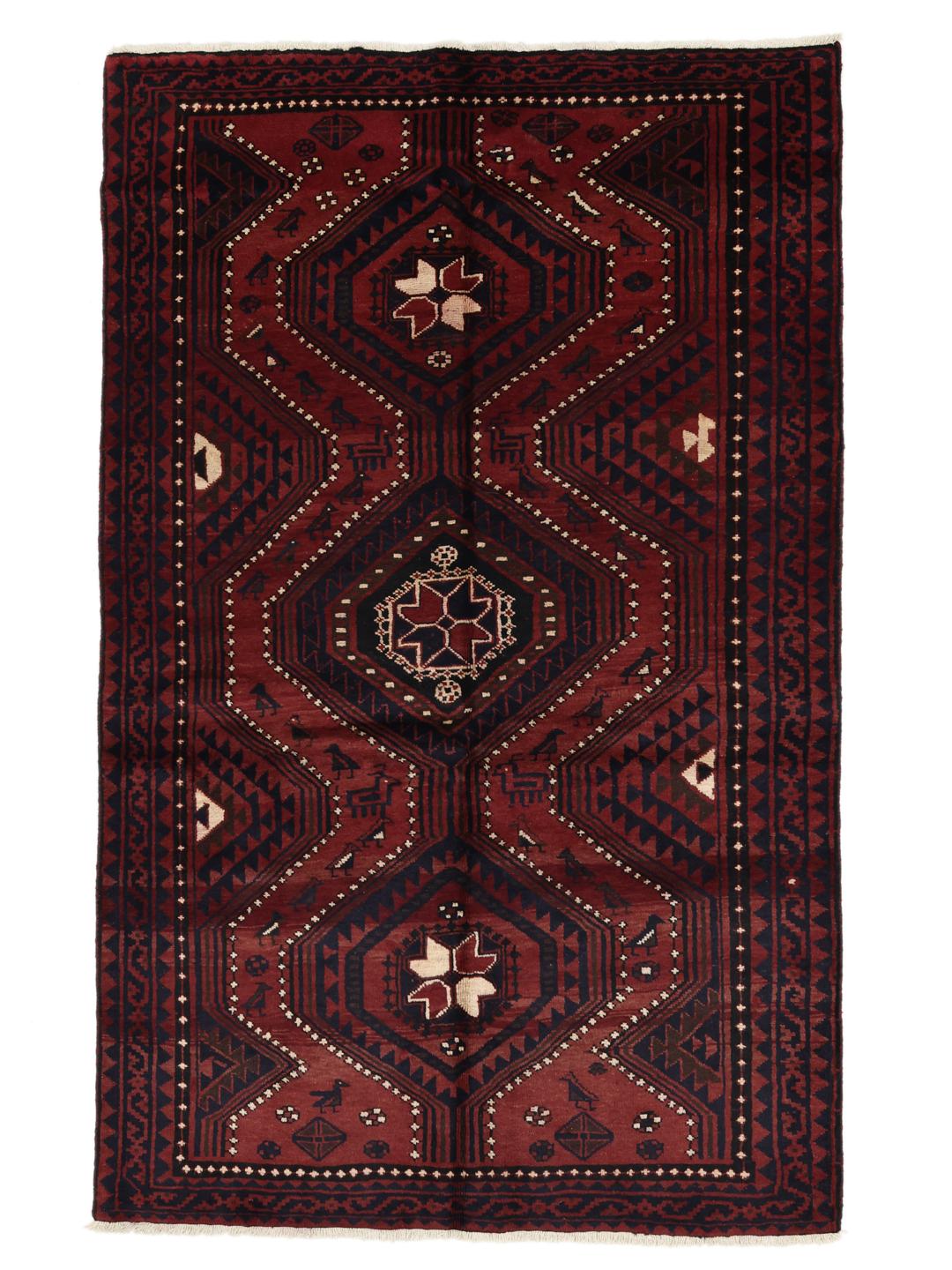 Hand-knotted Lori rug from the Middle East in dark-red and dark-blue tones.