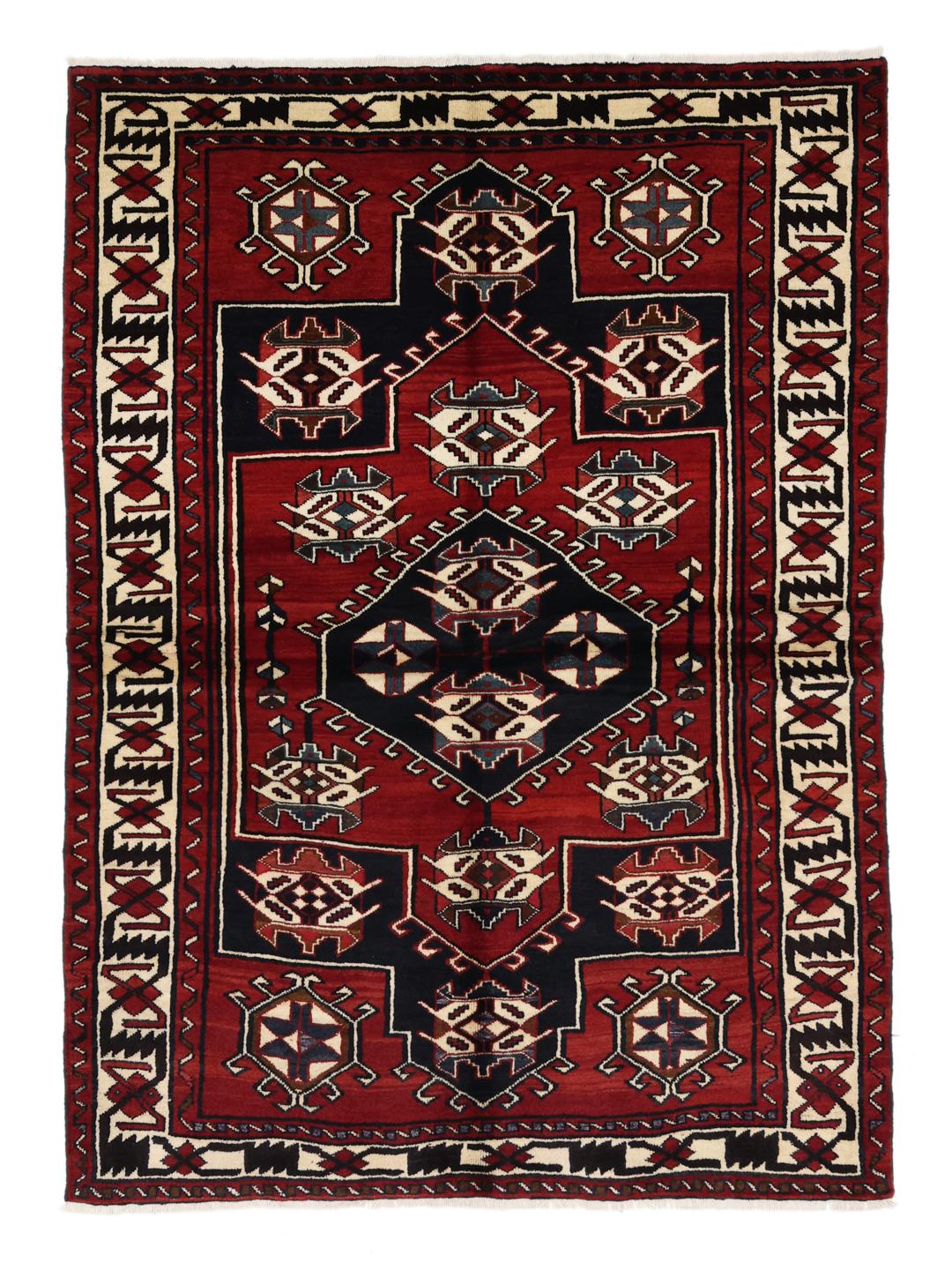 Hand-knotted Lori rug from the Middle East in dark red and black tones