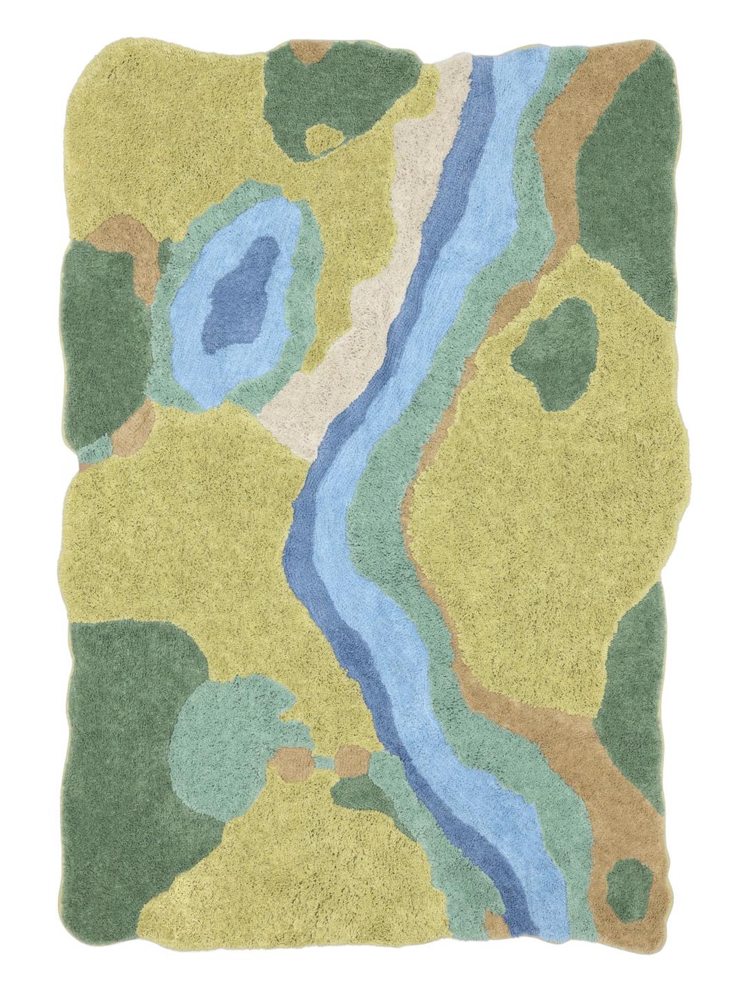 Onregelmatig gevormd katoenen kleed met een abstract blauw en groen rivierlandschapontwerp