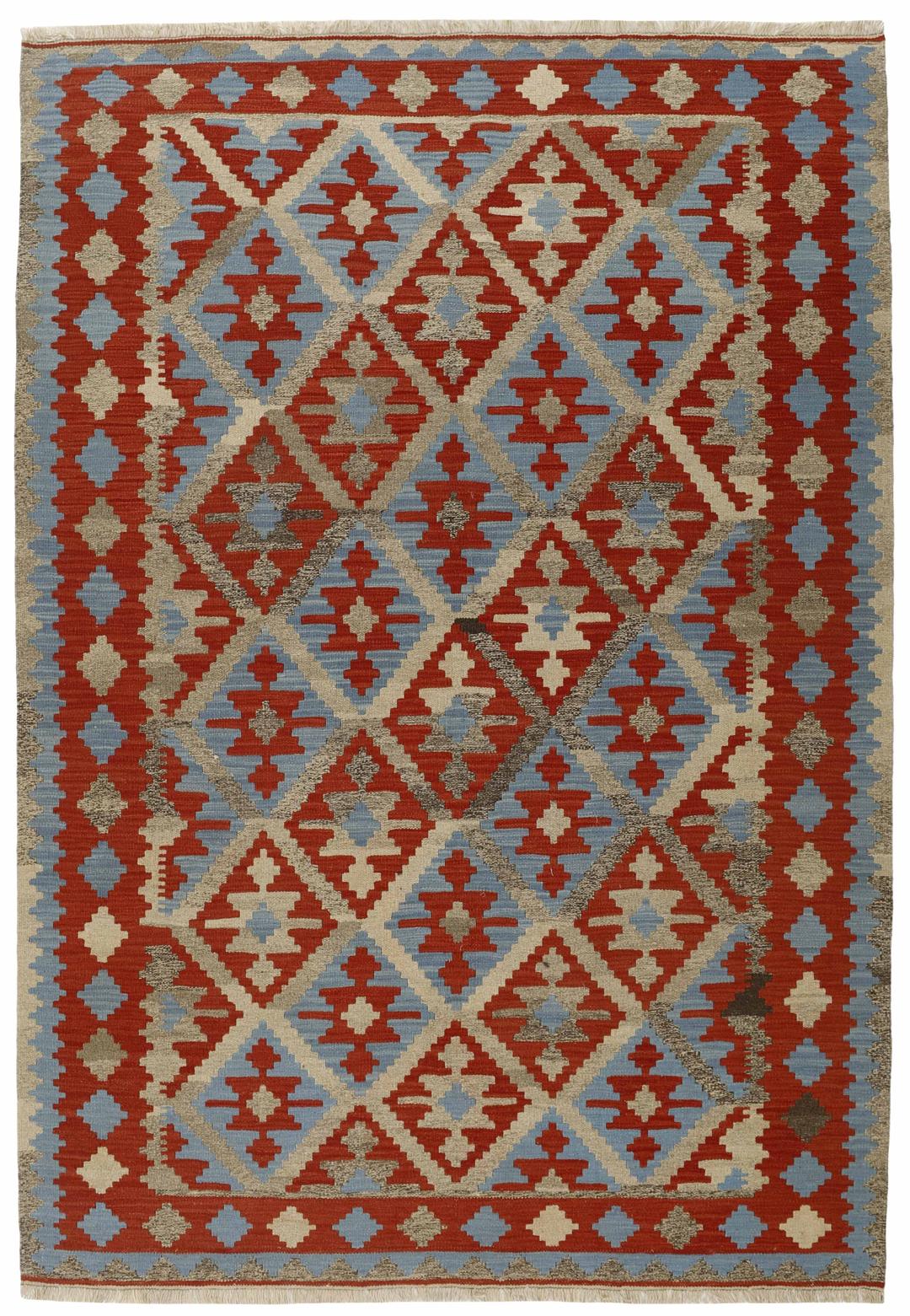 Tapis Kilim Qashqai en laine tissé à la main, rouge et bleu, avec des motifs géométriques du Moyen-Orient