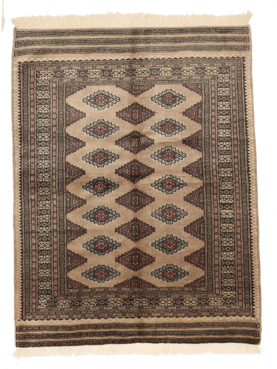 Hand-knotted Pakistani rug with traditional beige geometric motifs
