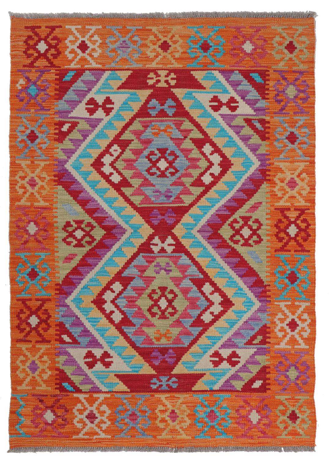 Hand-woven Afghan Kelim rug featuring geometric patterns in multicolor Wool