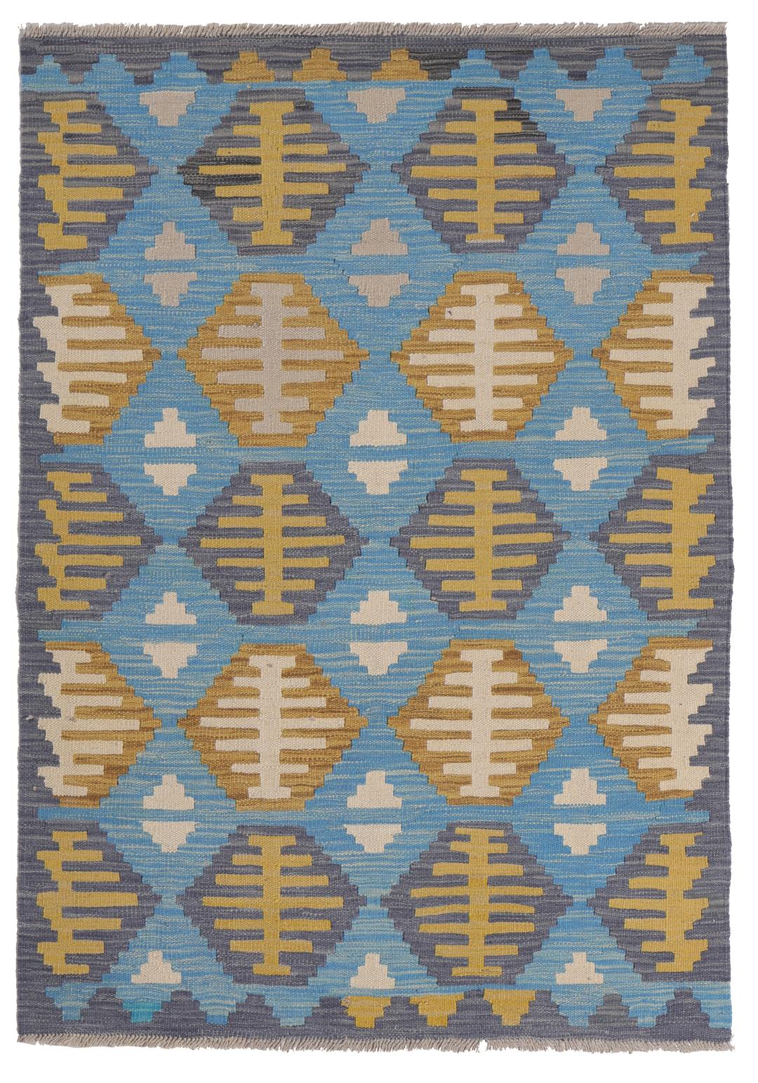 Hand-woven Afghan Kelim rug in blue and yellow with geometric patterns