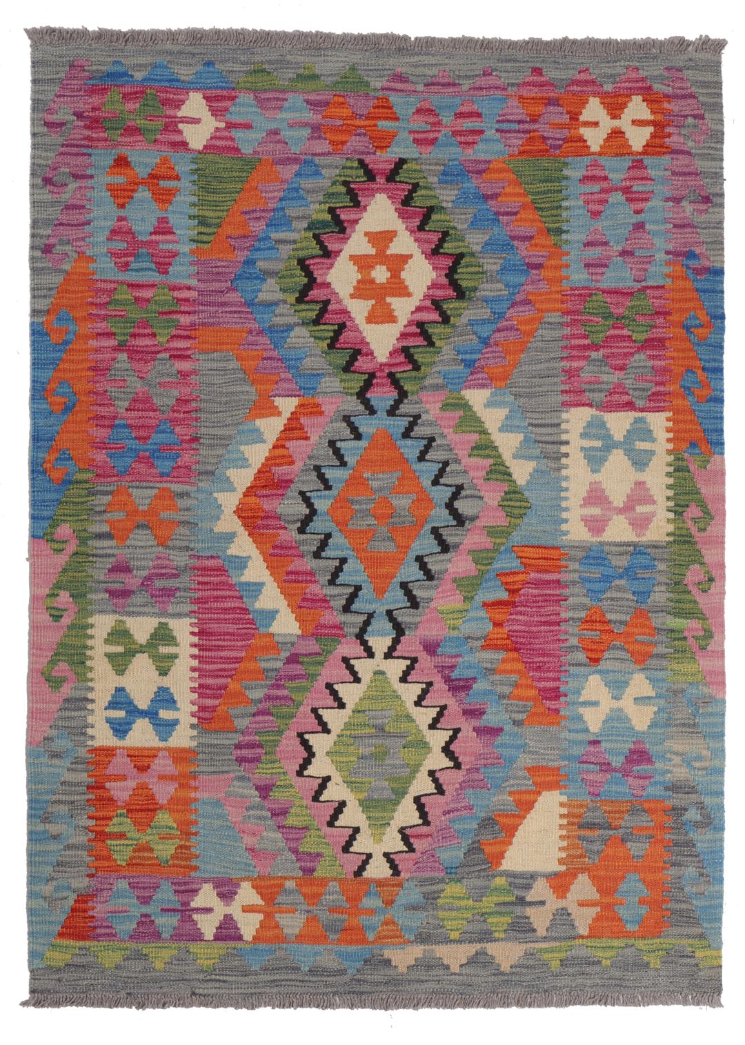 Hand-woven Afghan Kelim rug featuring vibrant geometric patterns in multicolor Wool