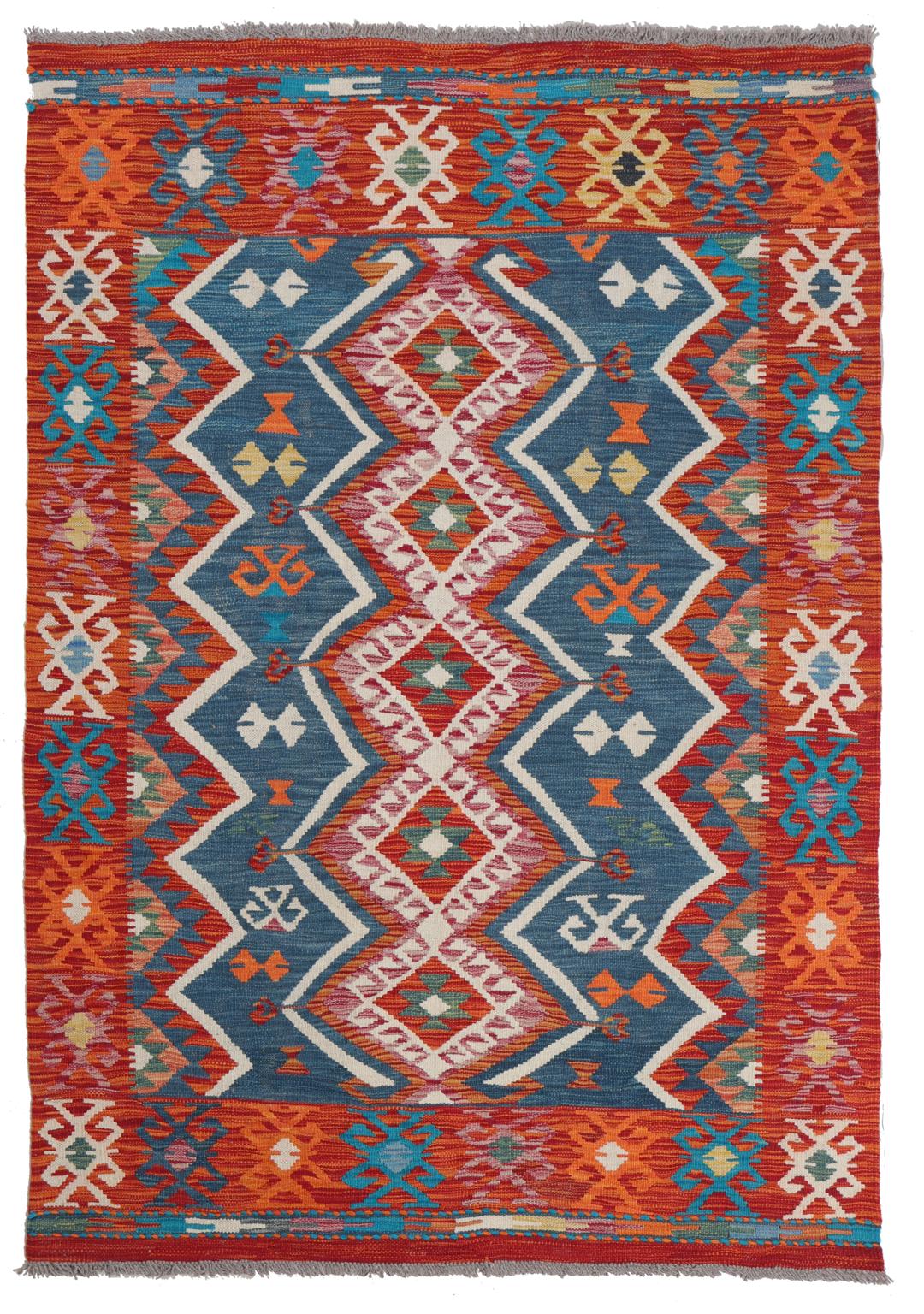 A rectangular, hand-woven Kelim Afghan rug featuring geometric patterns in blue, red, and orange tones.