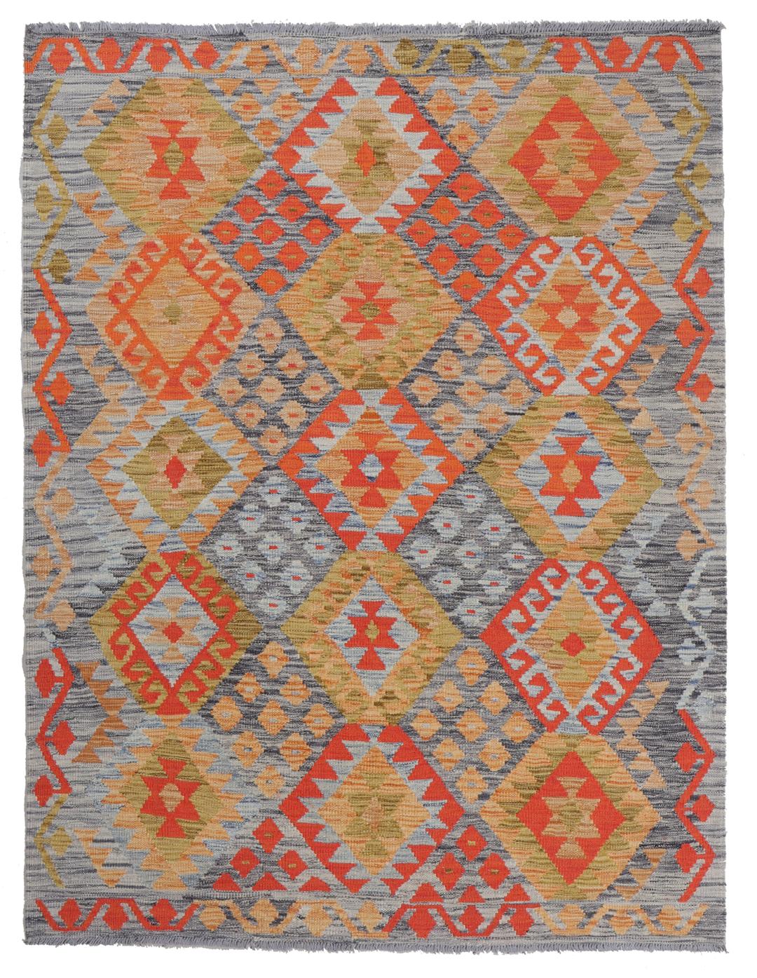 A rectangular Afghan Kelim rug featuring a vibrant geometric pattern in shades of orange, grey, and ochre.