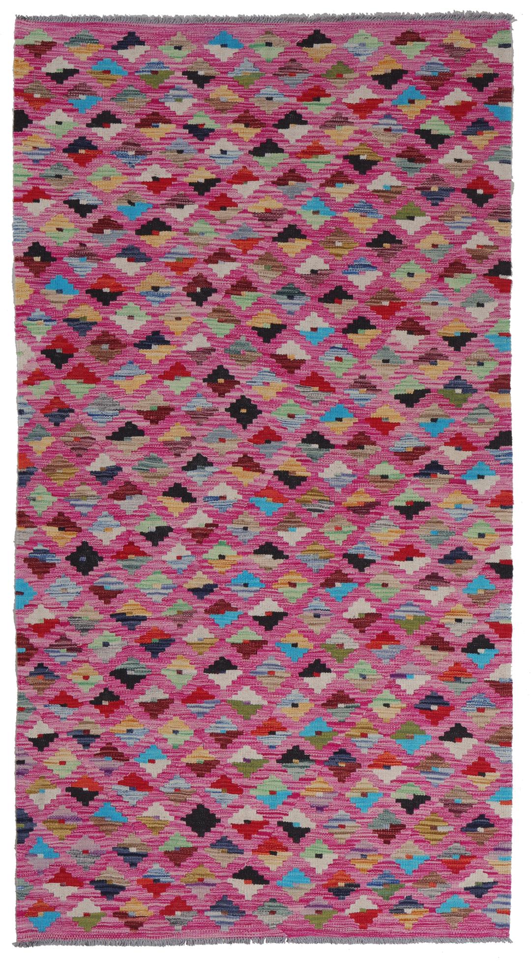 Handgeweven Afghan Kelim tapijt met een levendig roze veld en een geometrisch ruitpatroon