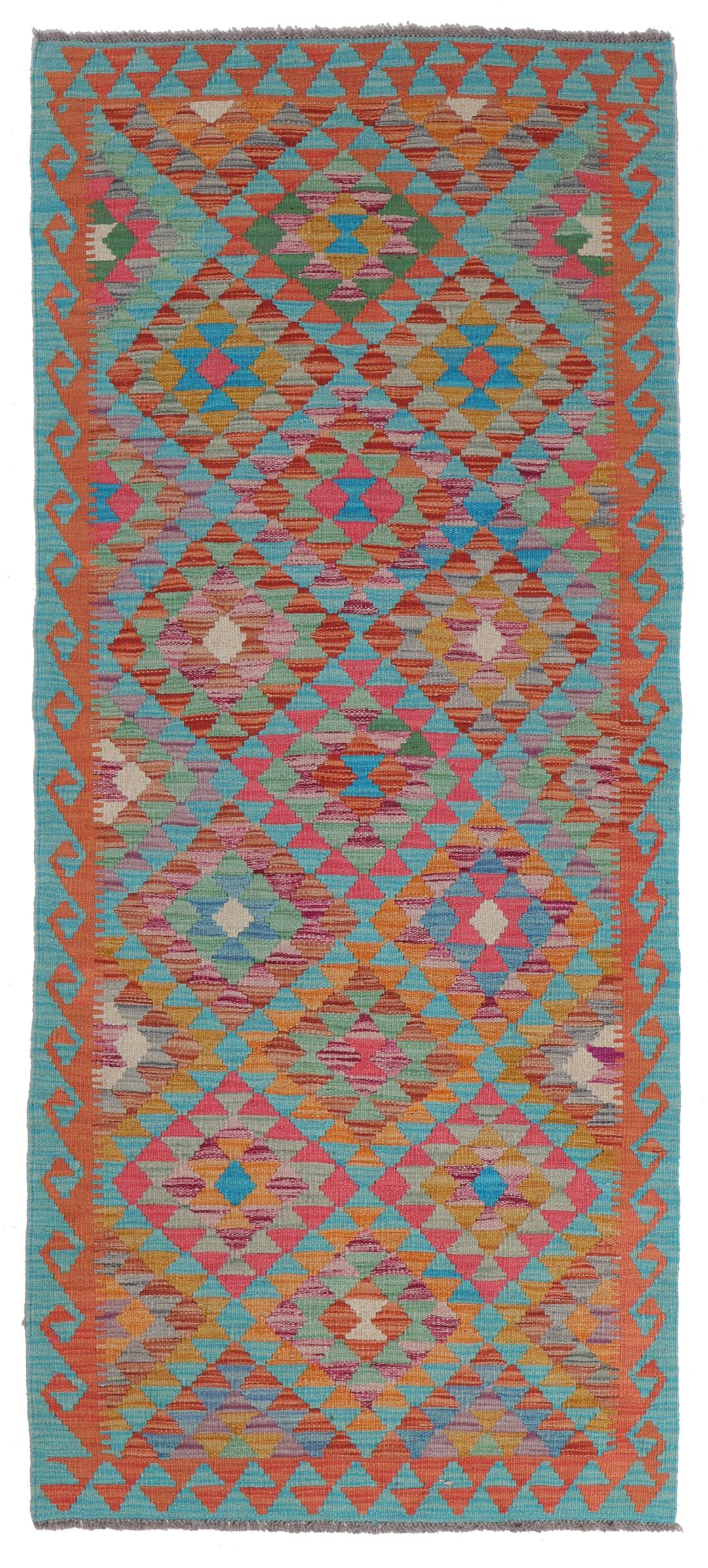 Runner afghano tessuto a mano con un vivace motivo geometrico multicolore