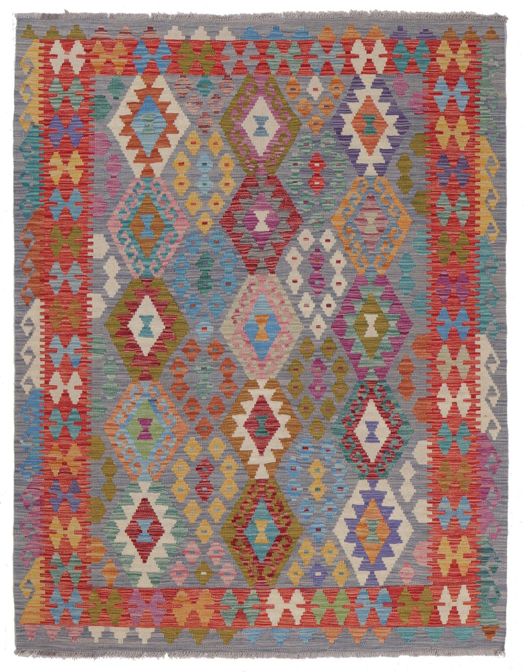 Hand-woven Afghan Kelim rug featuring a vibrant multicolor diamond pattern on a grey background