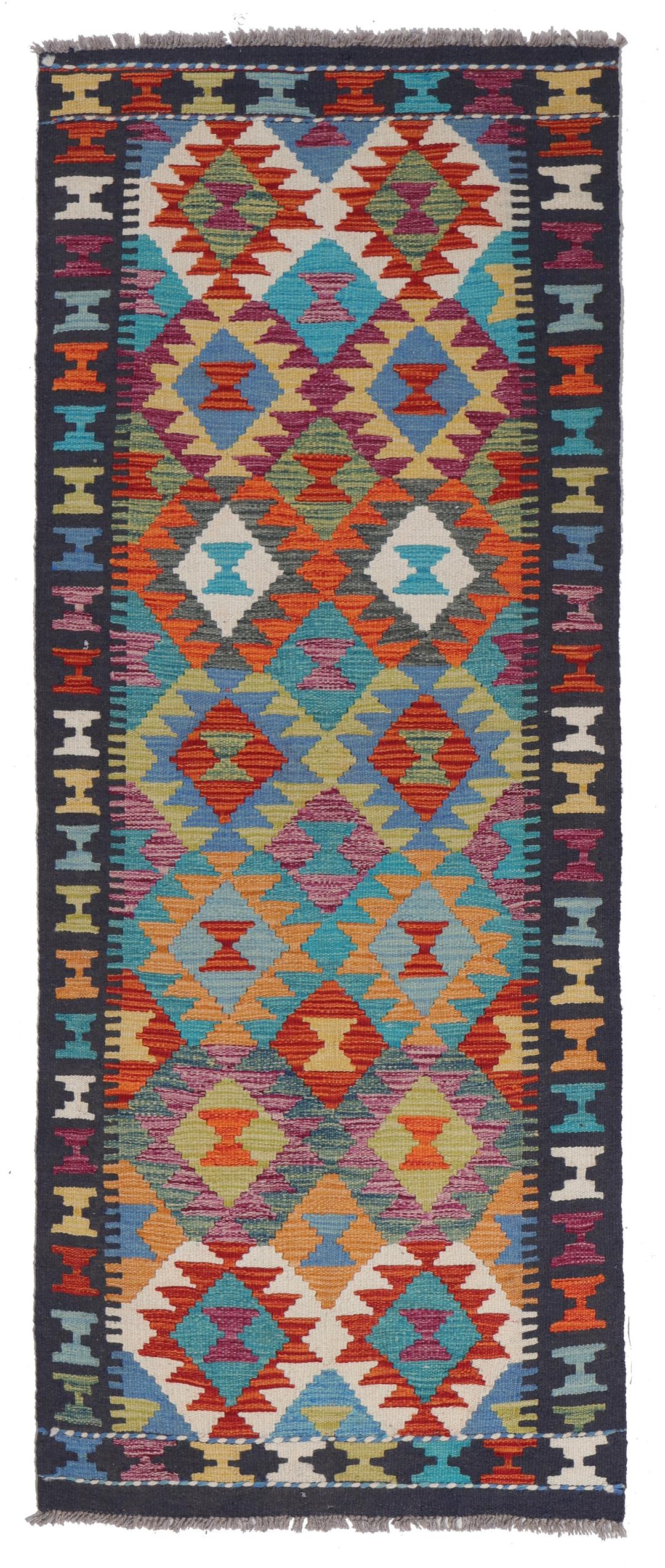 Tappeto runner afghano tessuto a mano con motivo geometrico multicolore