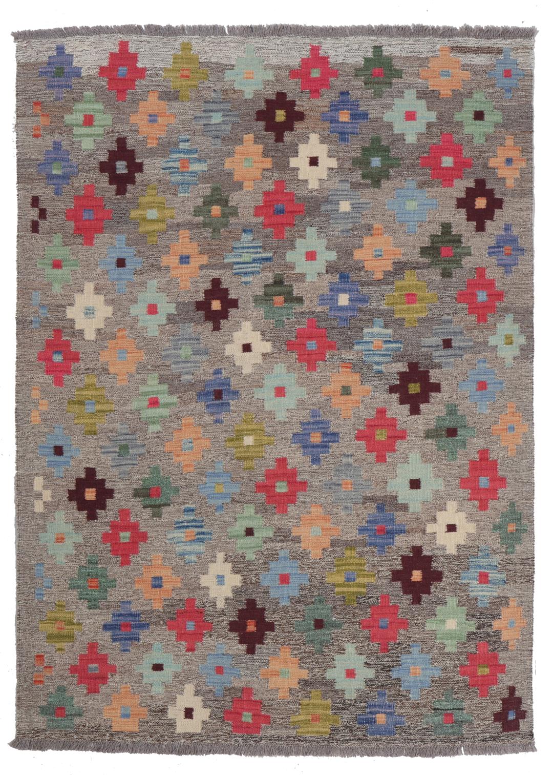 Hand-woven Afghan kelim rug with colourful geometric motifs on a grey background