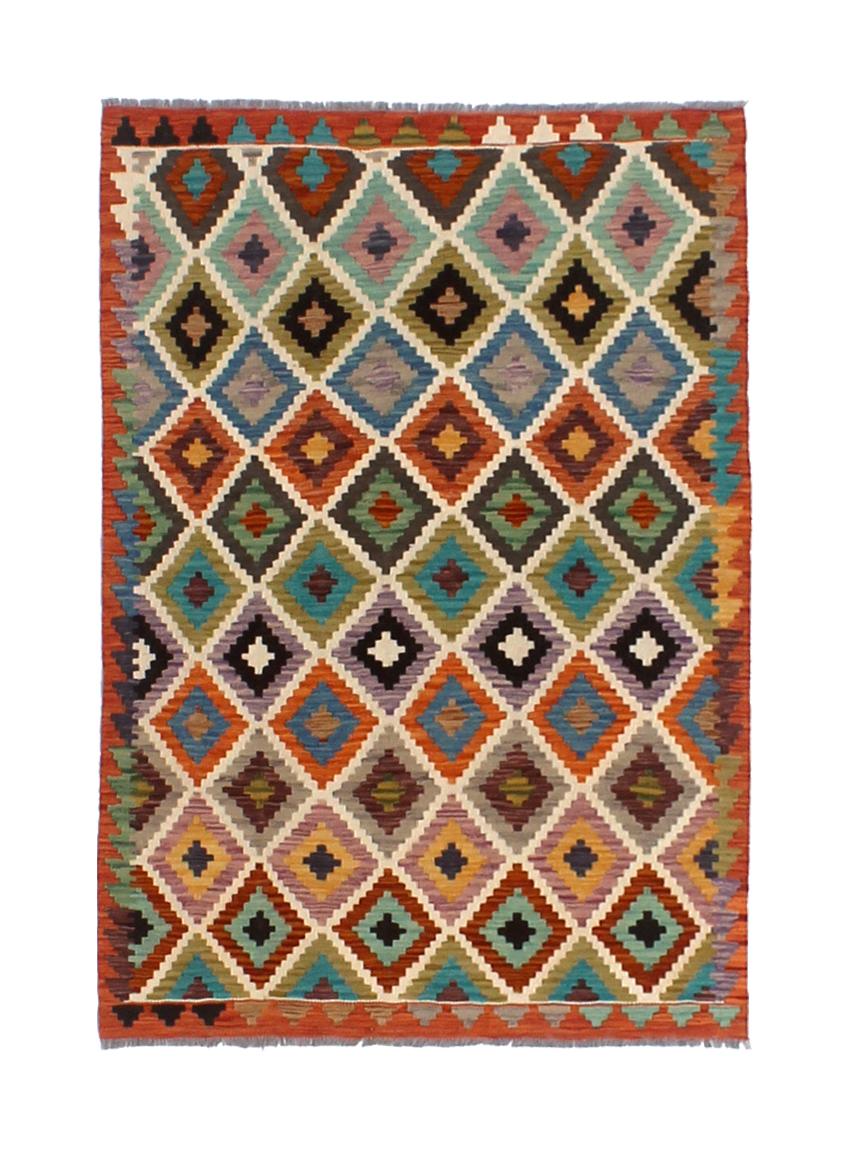 Een rechthoekig Afghan Kelim-tapijt met een levendig geometrisch ruitpatroon in veelkleurige wol.