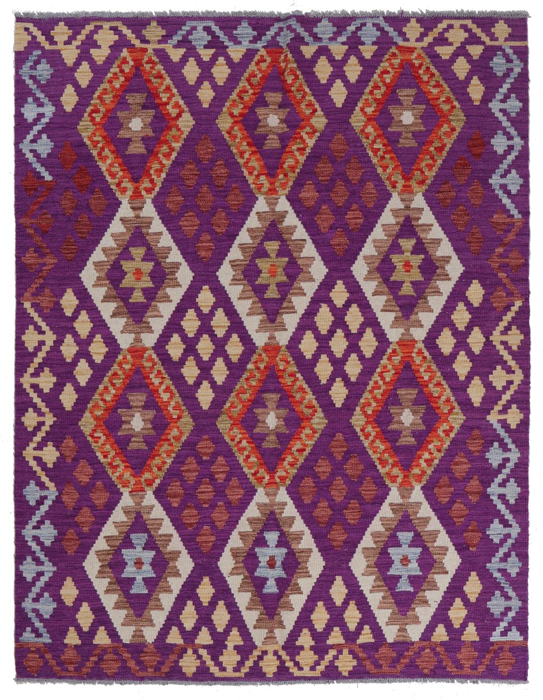 Håndvævet Kelim Afghan Old Style-tæppe med livlige lilla og geometriske mønstre.