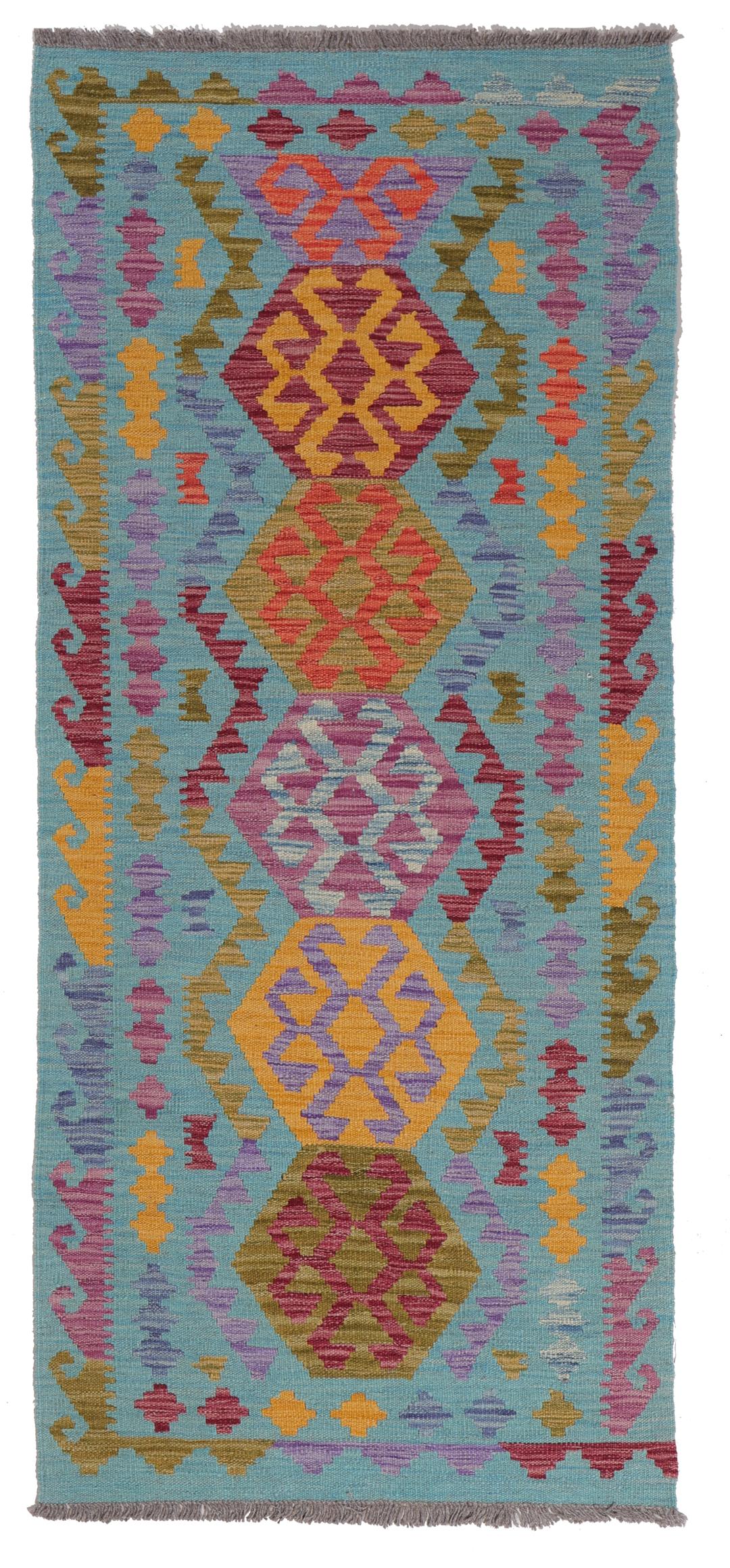 Handgeweven Afghaanse loper met levendige geometrische medaillonpatronen in blauw en meerkleurig