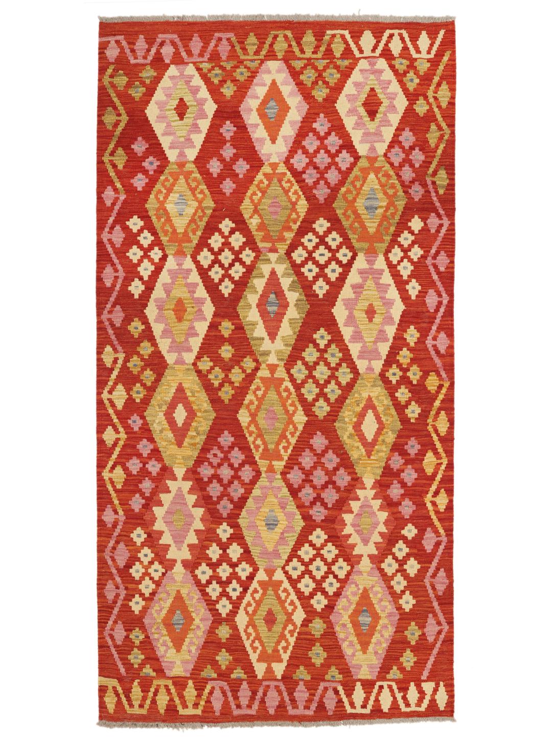 Hand-woven Afghan Kelim rug with red field and geometric diamond patterns