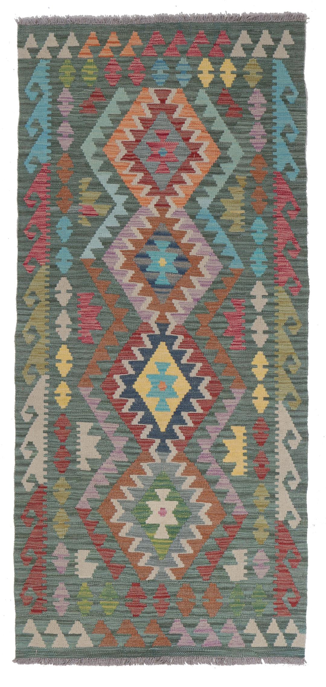 Runner Kelim afghano tessuto a mano in multicolor con motivi geometrici