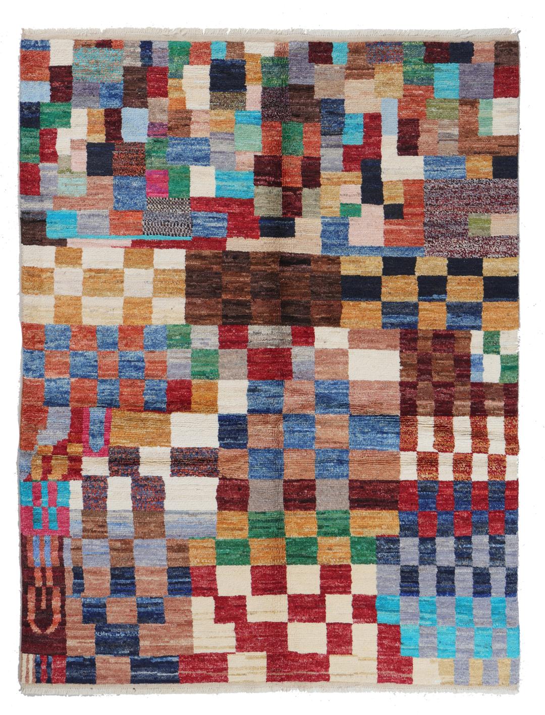 Handgeknoopt Afghaans Berber-tapijt met een kleurrijk geometrisch blokpatroon