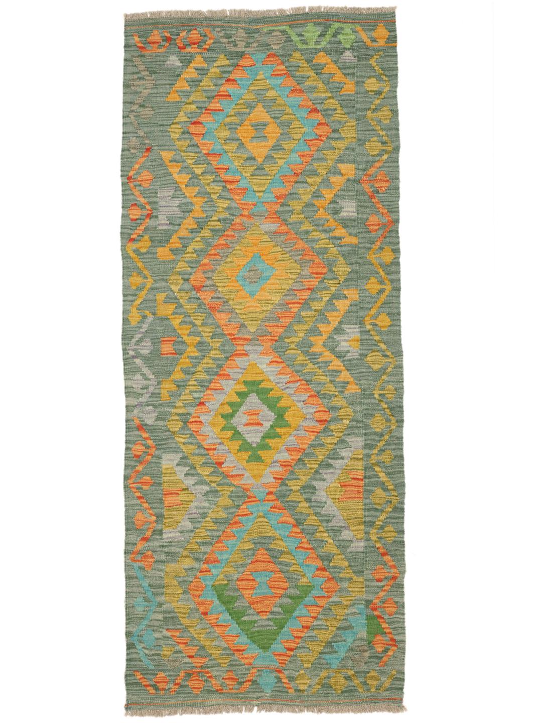 Runner afghano tessuto a mano con vivaci motivi geometrici in verde, arancione e giallo